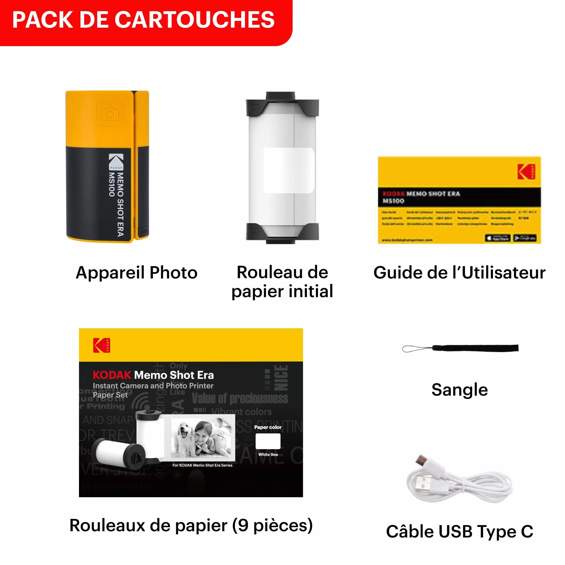 Kodak Memo Shot Era Cadeau Noel - Appareil Photo numérique instantané & Imprimante Photo, Jaune (Appareil Photo avec 1 Rouleau de Rouleau de Papier Photo One-Touch + 9 Rouleaux de Papier Photo Set)