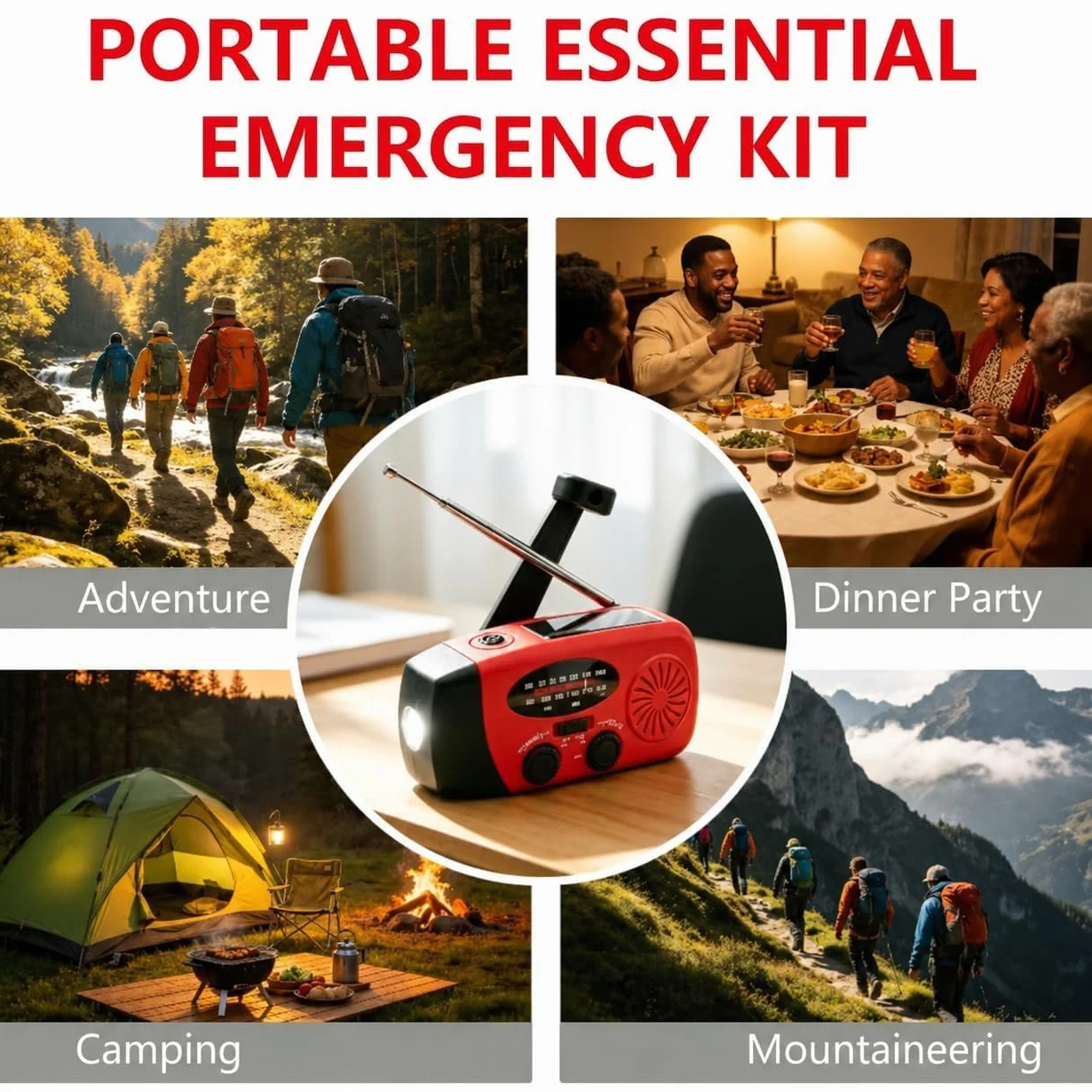 Radio Solaire Auto-alimentée 2000mAh AM/FM Portable à Manivelle Dynamo avec Lampe LED Alarme SOS Chargeur Téléphone Kit Survie Camping Rouge