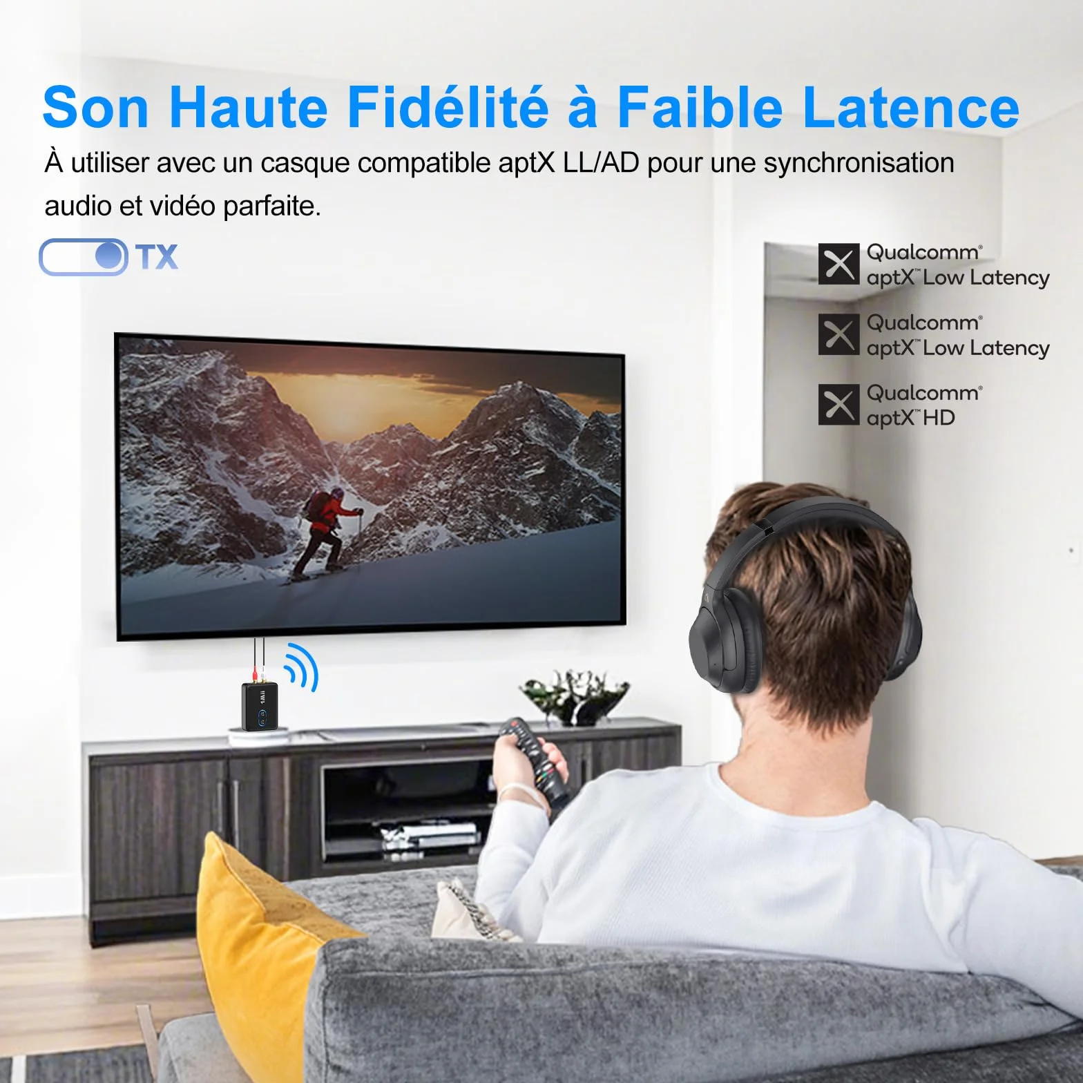 1Mii ML302 Transmetteur Récepteur Audio Bluetooth 5.3, RCA 3.5mm Jack Émetteur Adaptateur Bluetooth pour 2 Casque sans Fil, Son Hi-FI aptX LL/AD/HD pour TV, Chaîne Stéréo, PC, 30H Playtime