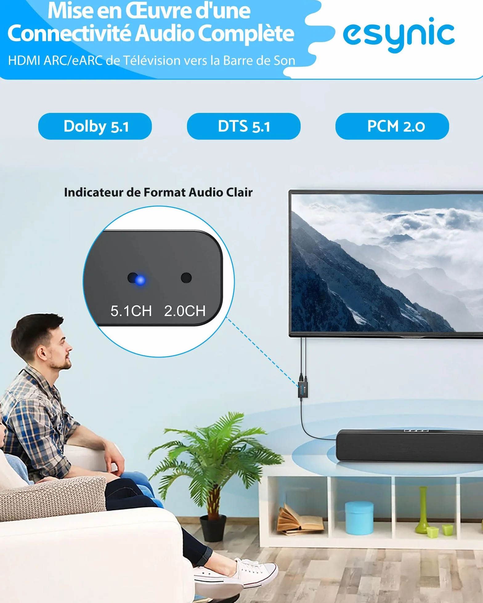 eSynic eARC ARC Audio Extracteur Convertisseur Audio eARC HDMI à Optique Support 24bit/192KHz Format Audio PCM 2,0/Dolby 5,1/DTS 5,1 Adaptateur Arc Hdmi pour HDTV à Barre de Son Casque Home Cinéma