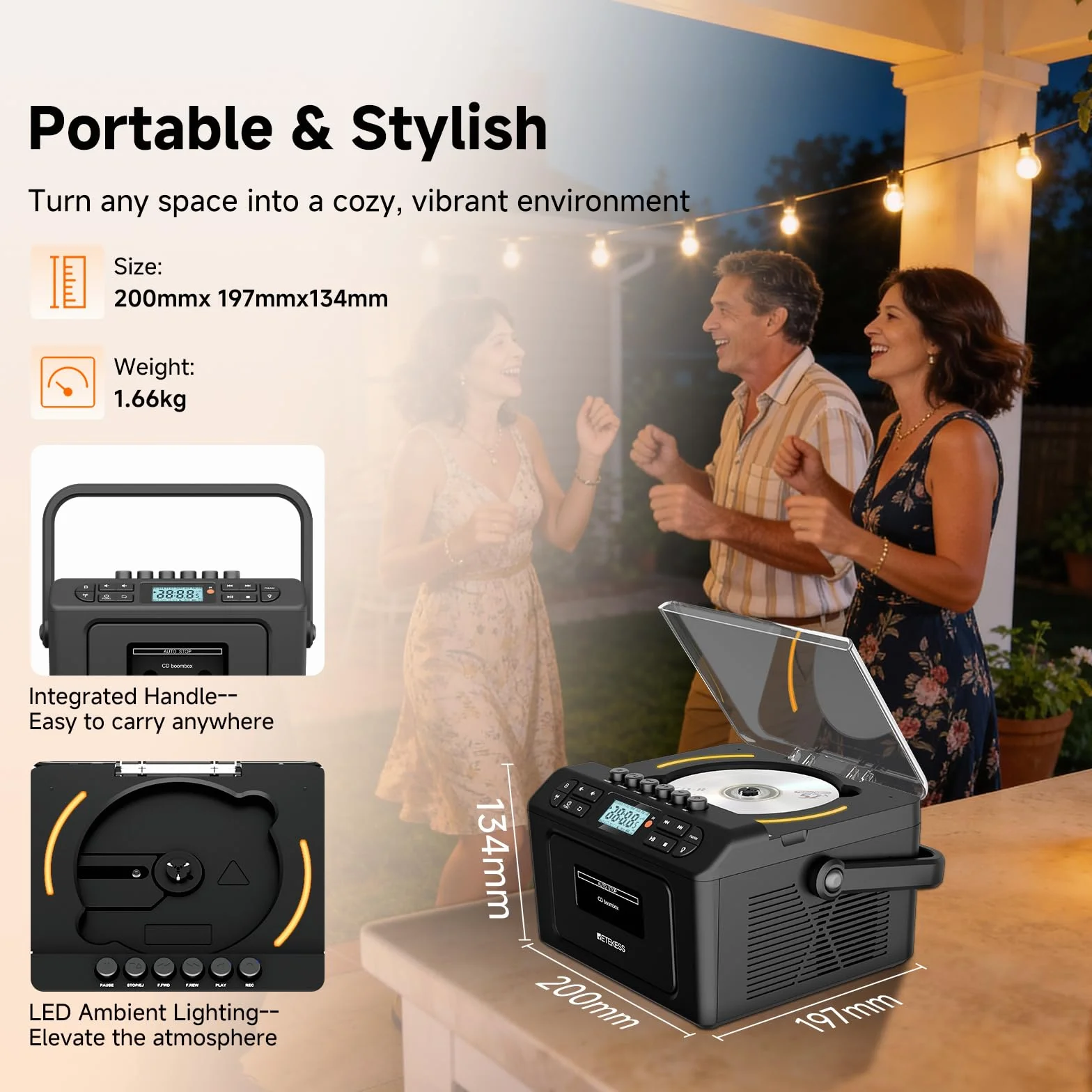 Retekess TR642 Lecteur CD Portable Radio AM FM Cassette Batterie 5000 mAh Boombox Stéréo