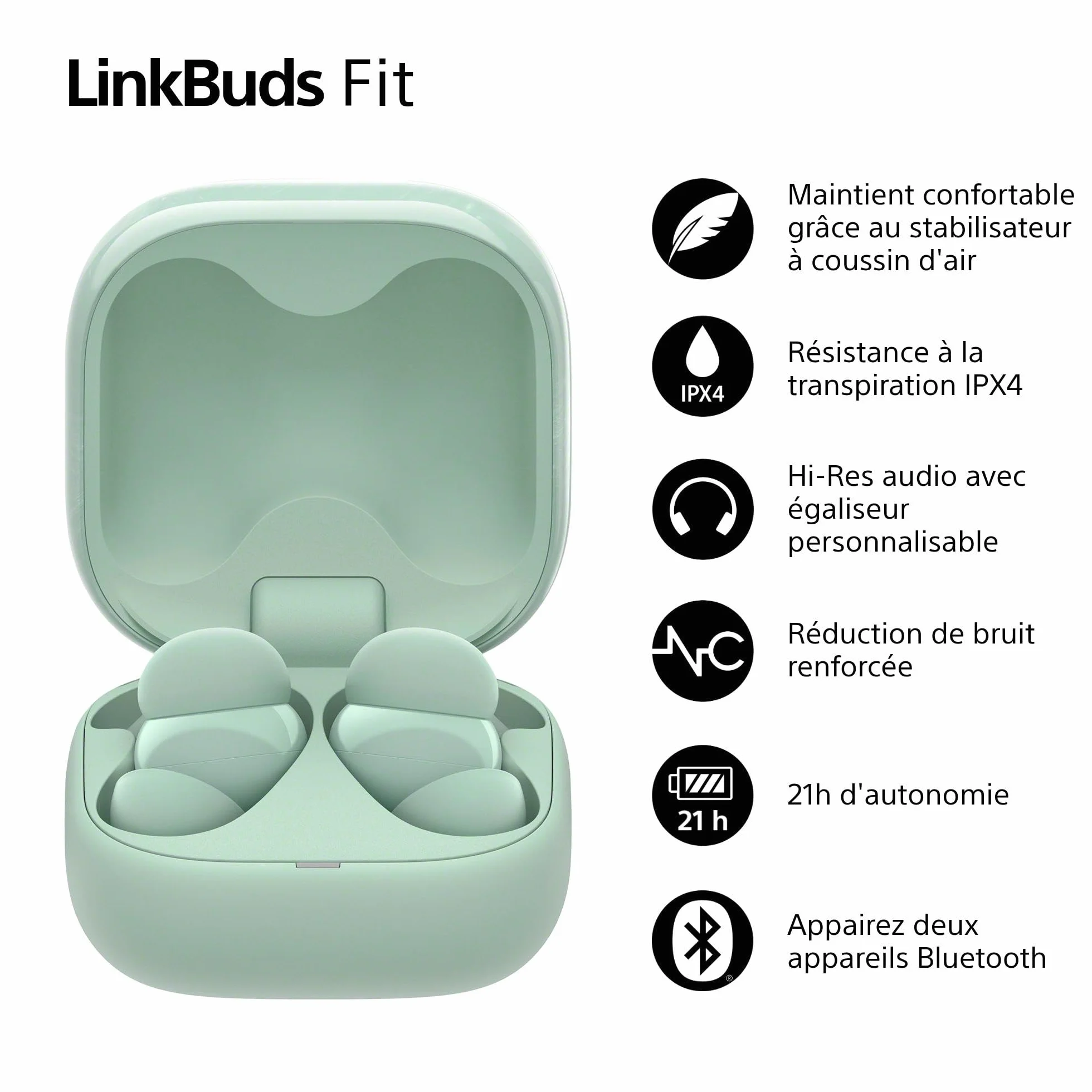 Sony LinkBuds Fit - Ecouteurs Bluetooth sans Fil à réduction de Bruit - Confortables, IPX4, Hi-Res Audio, Mode Ambient Sound, 21h d'autonomie, Connexion multipoint, iOS et Android - Vert