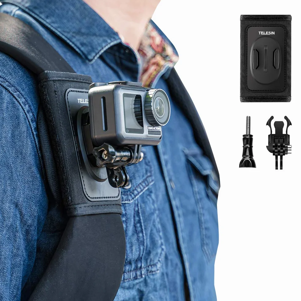TELESIN Sac à Dos avec bandoulière réglable et Crochet en J, système de Fixation pour caméra GoPro Hero 13/12/11/10/9/8/7 Session, DJI Osmo Action 6 5 Pro/4/3 Osmo Pocket, Insta 360 X5 X4