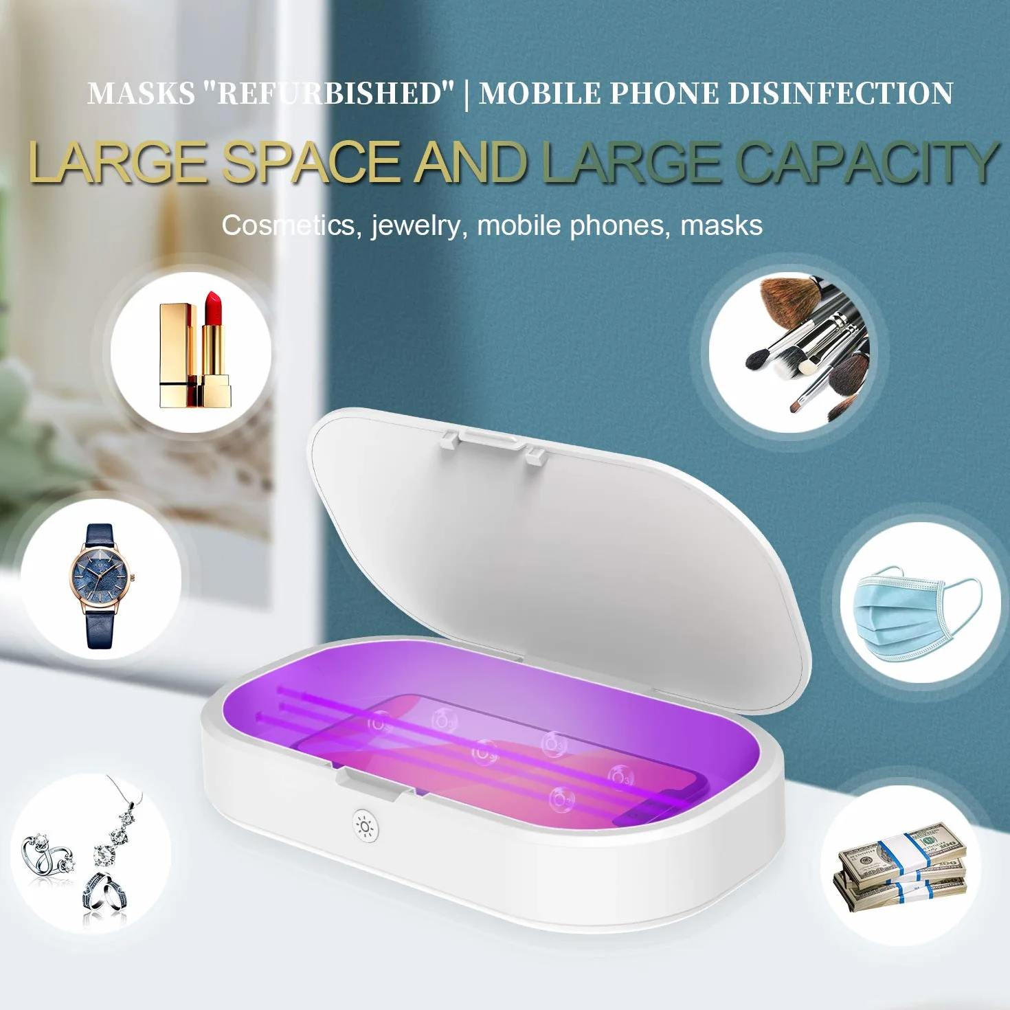 Boîte de désinfection à lumière UV, machine de désinfection portable pour téléphone de voyage, multifonction, sans fil, rechargeable avec fonction d'aromathérapie pour bijoux, masques, lunettes, clés