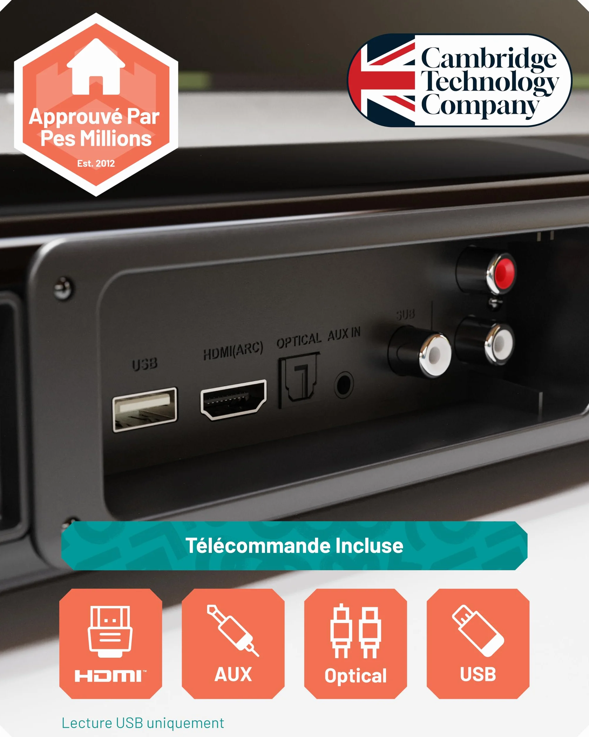 Oakcastle SB80 Xtra Barre de Son TV Bluetooth 5.3 200W 2.1 Caisson de Basses HDMI Arc