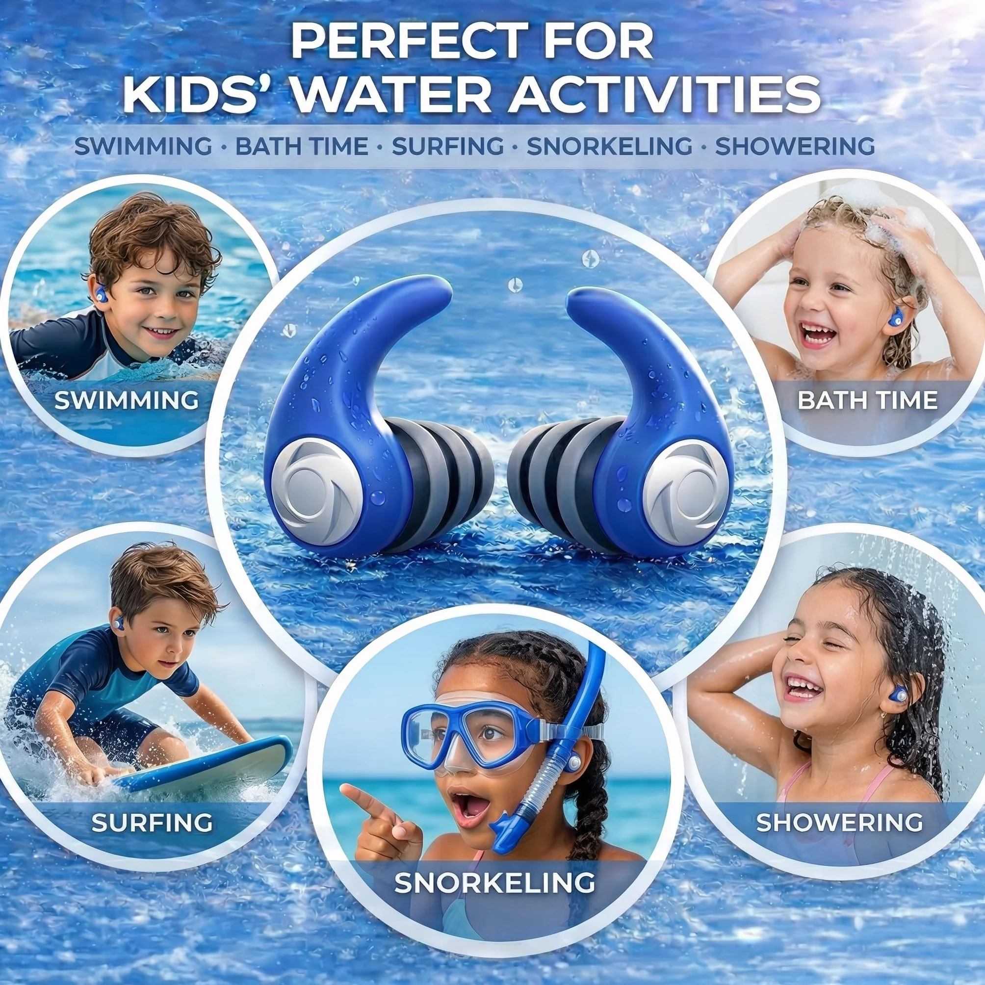 Bouchons d’Oreille Natation Enfant 4-12 Ans 3 Paires Silicone Étanche Cordon Amovible Réutilisables