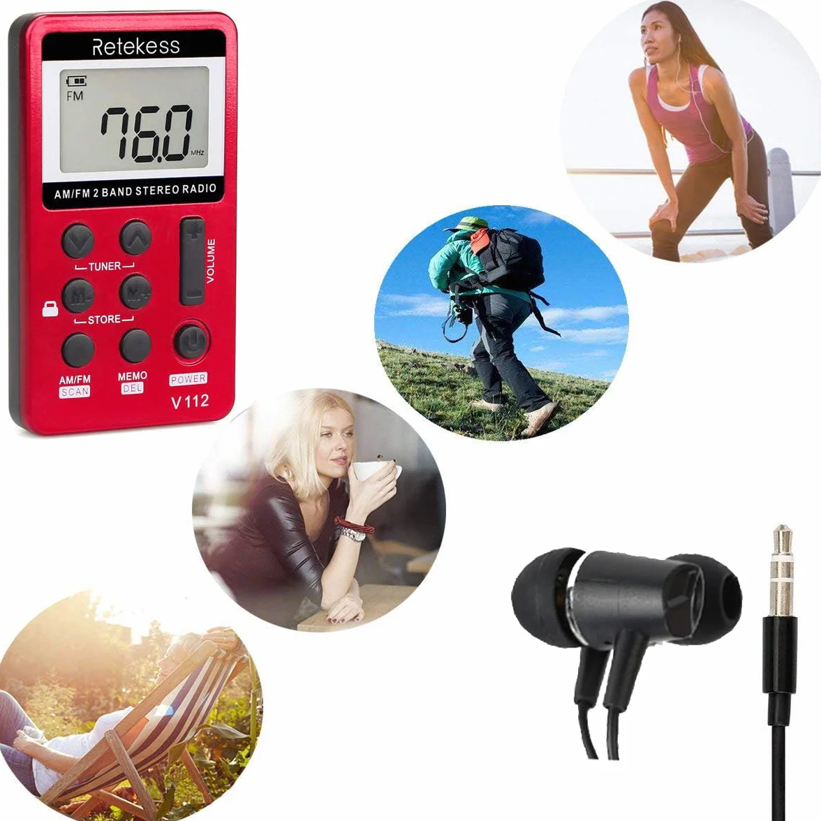 Retekess V112 Mini Radio FM de Poche,Radio Portable,FM AM,Prise Casque,d'Extérieur,Convient pour Course à Pied,de Sport,Randonnée,Le Camping(Rouge)