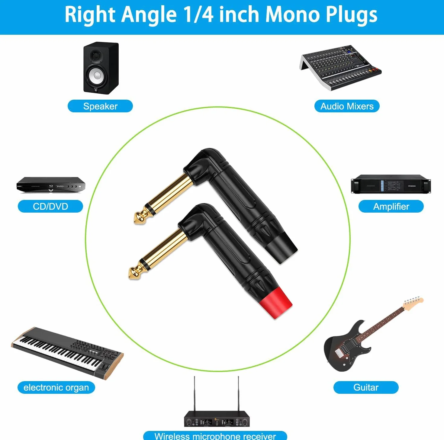 RUNCCI-YUN 2 pièces 6.35mm 1/4 "TS souder connecteur Jack,Mono Audio Souder Connecteur connecteur angle droit de 6.35mm,prise de micro 6,35 TS plaqué or pour câbles haut-parleur/guitare/microphone