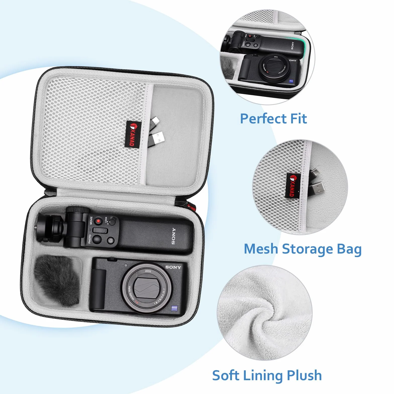 XANAD Étui de Protection pour Sony ZV1 ZV-1F ZV1 II Appareil Vlog Caméra, Coque Housse avec Bandoulière et Filet de Rangement pour Voyage Photographie Vlogging（Gris）