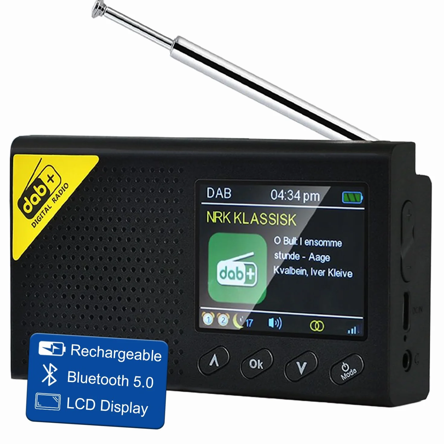 Radio Dab, Dab+ Bluetooth Portable | Batterie Rechargeable ou Alimentation par câble USB-C | 12 Heures de Lecture, Affichage LCD 2.4“, Prise Casque | Double Alarme, FM, 40+ présélections