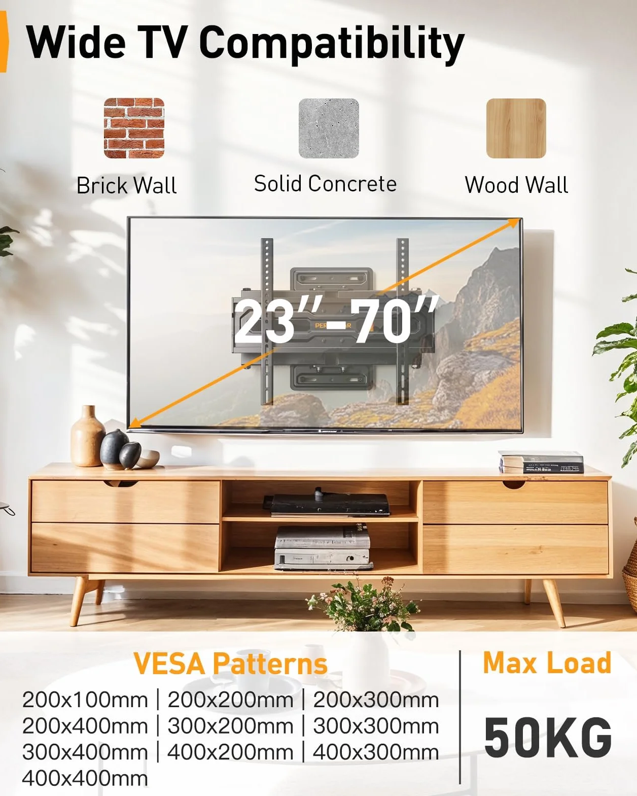 Perlegear Support Mural TV Orientable et Inclinable pour TV de 23 à 70 Pouces Jusqu'à 50 kg, Support TV Ajustable avec Inclinaison, Max VESA 400x400mm, PGMF18