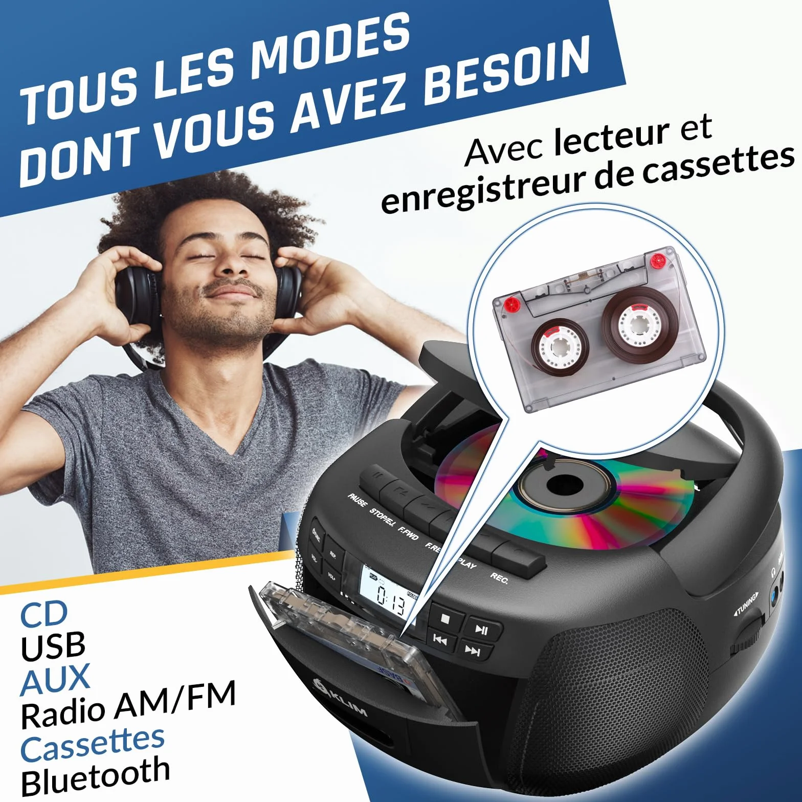 KLIM Lecteur CD & Lecteur Cassette Audio avec USB, AM/FM Poste Radio CD, Lecteur CD Bluetooth, Son Stéréo, Télécommande, Enregistrement de Cassettes, AUX, Radio Cassette CD