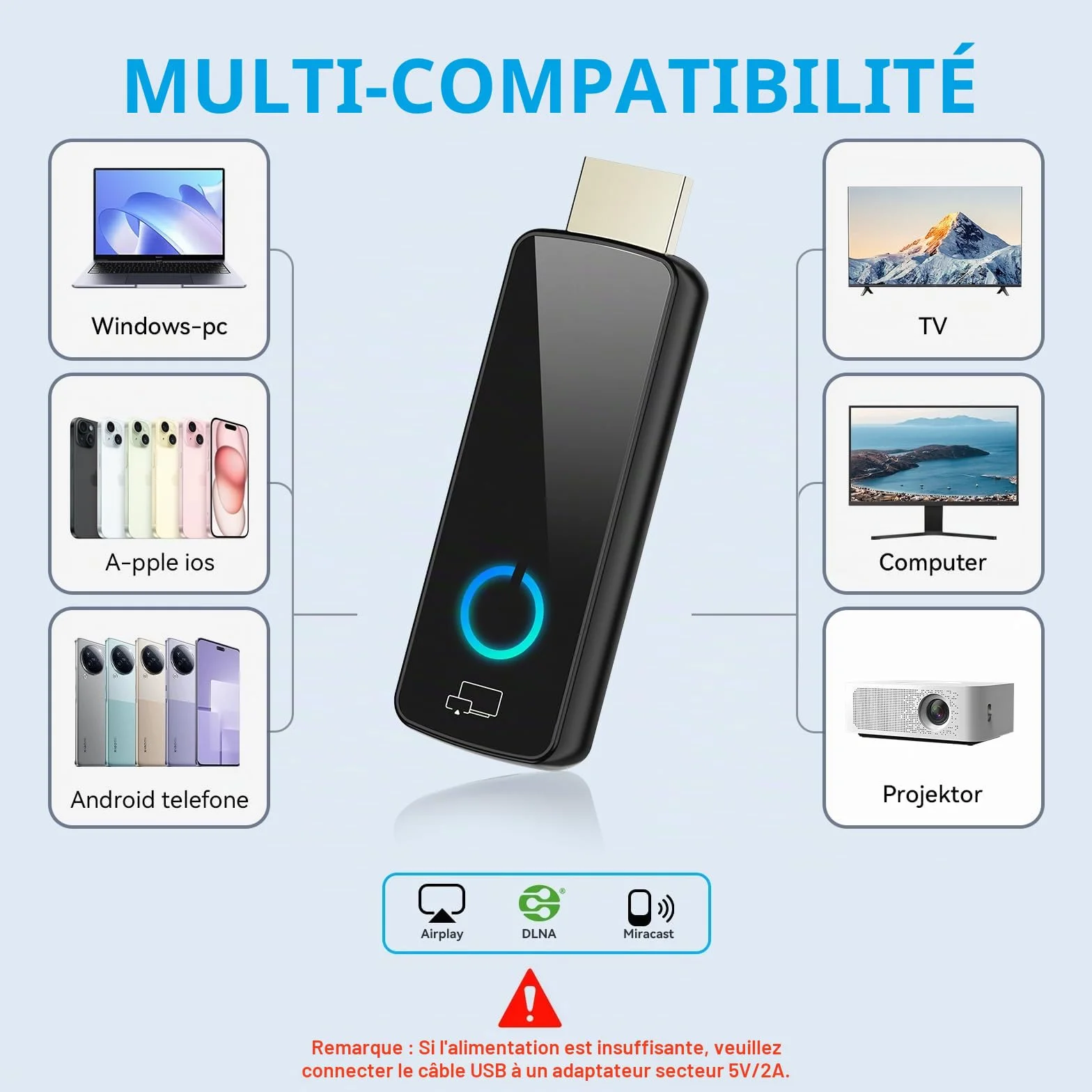 Adaptateur HDMI sans Fil,Dongle WiFi Miracast/Airplay/Screen Mirroring pour TV, projecteur, Moniteur – Compatible iOS/Android/Windows – Plug & Play (W3401)