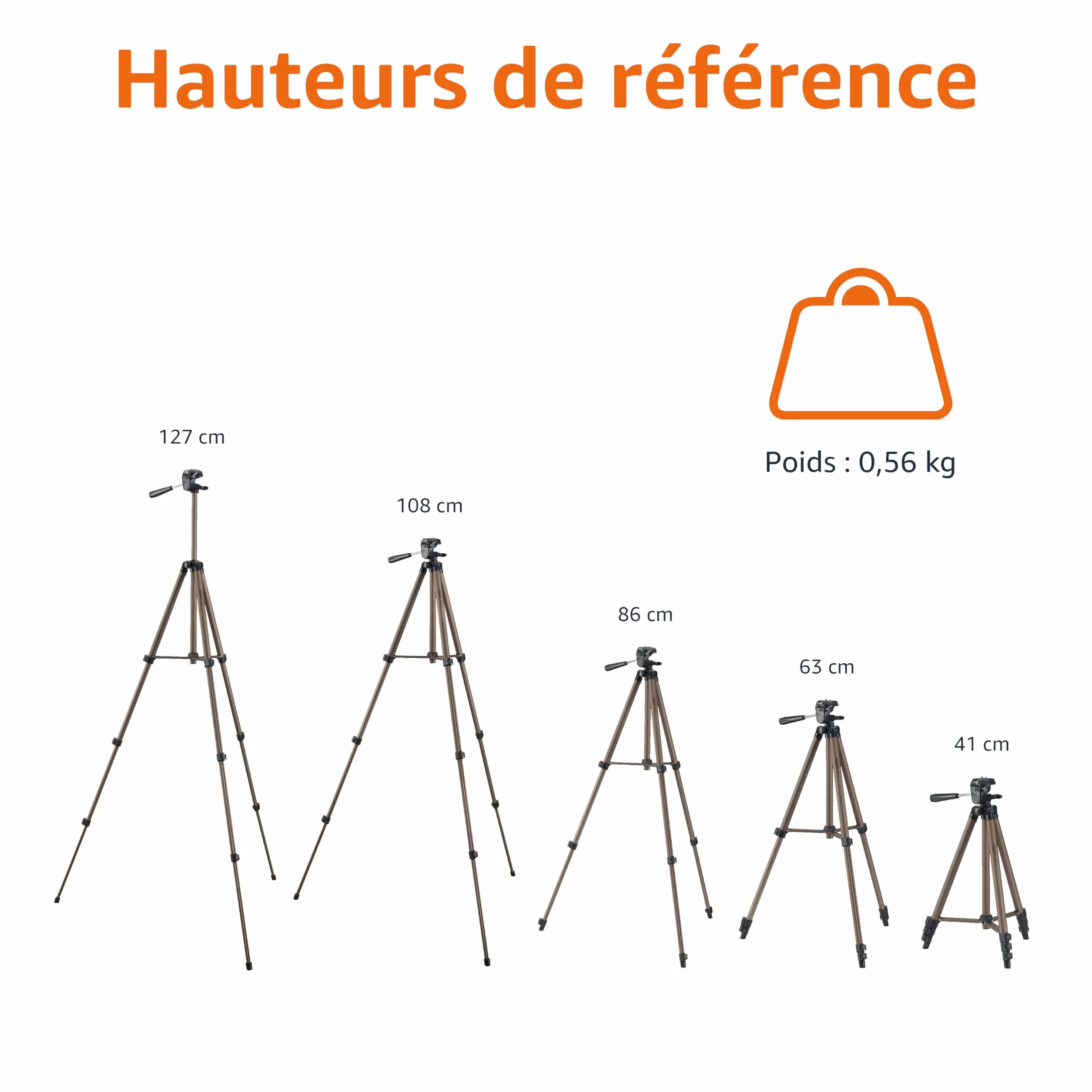 Amazon Basics Trépied 127,0cm pour Appareil Photo Reflex Numérique, Léger, avec Sac, Hauteur Réglable, Champagne