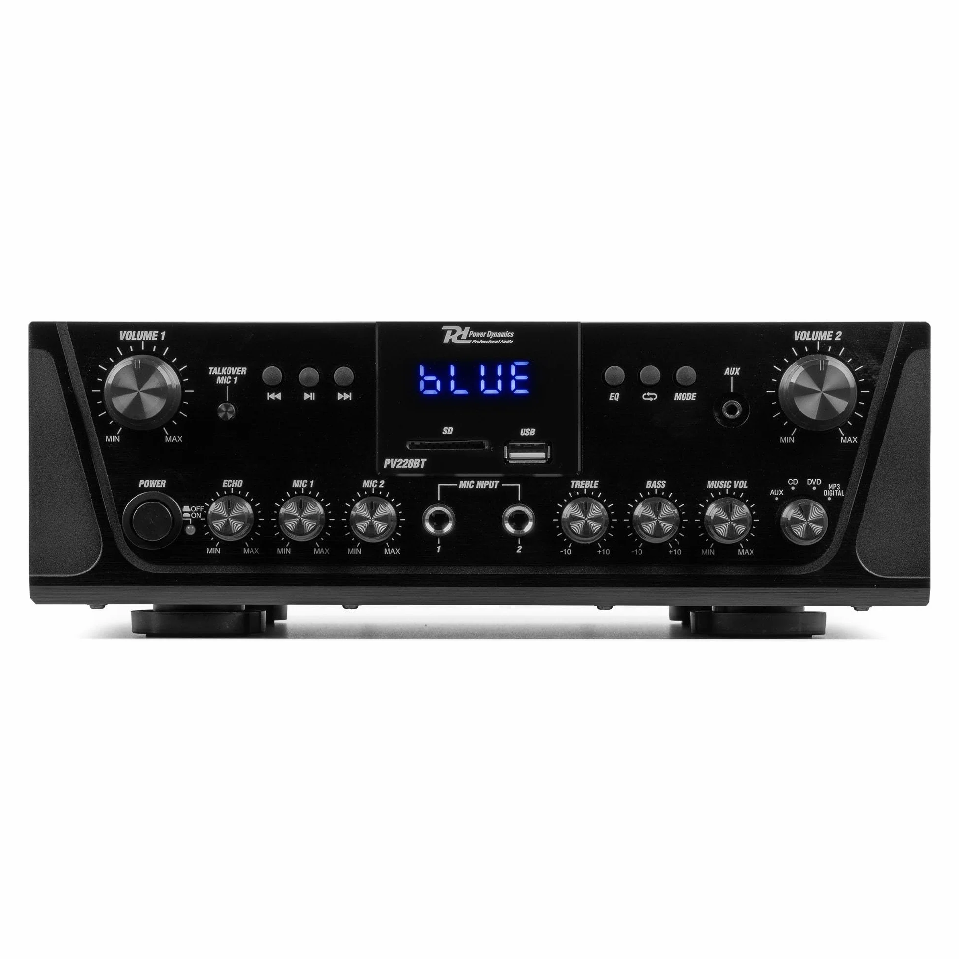 Power Dynamics PV220BT Amplificateur Audio Bluetooth 2x100W 2 Zones Lecteur MP3 USB/SD Radio FM Entrées RCA AUX Télécommande