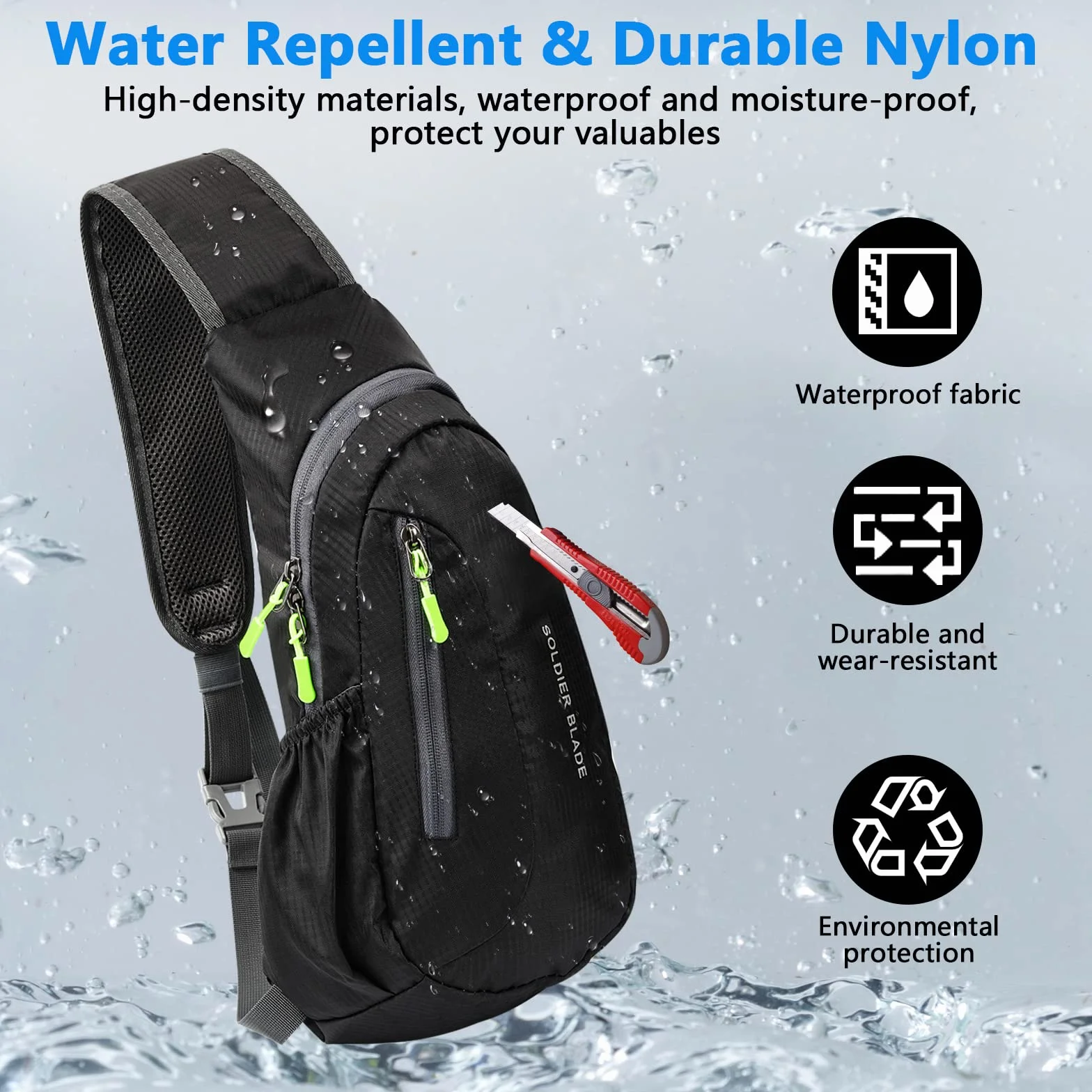 Sac de Poitrine Homme Bandoulière Léger Étanche Sling Petit Sac à Dos pour Randonnée Cyclisme Camping Voyager en Plein Air - Noir