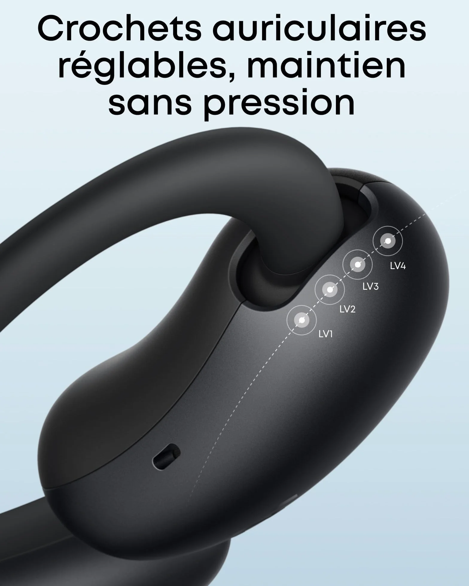 soundcore AeroFit 2 by Anker, écouteurs oreilles libres, 4 positions réglables, basses 2x plus riches, Hi-Res, autonomie 42h, IP55, appels clairs avec IA, chargement sans fil, traduction en temps réel