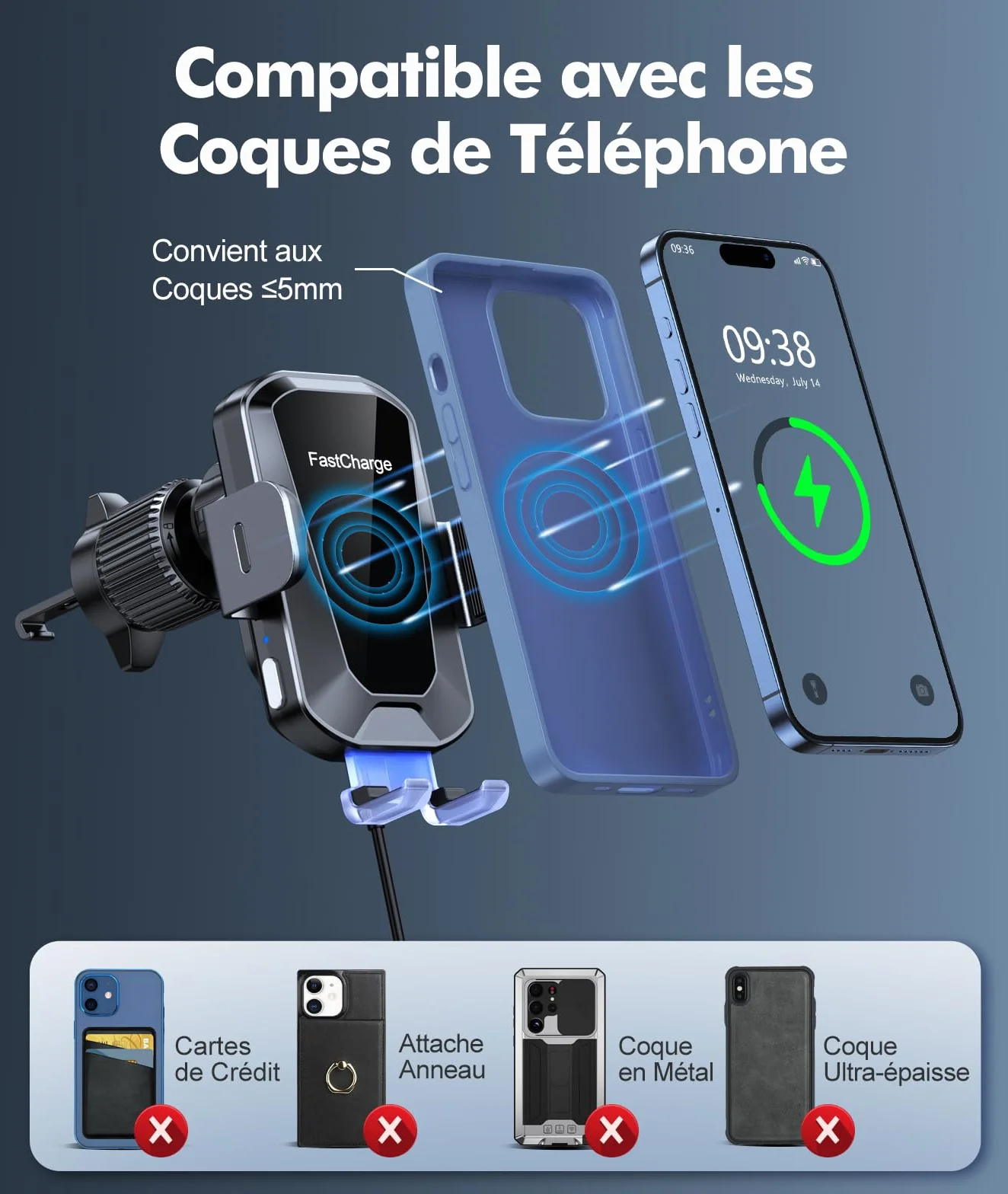 EOIWUY Support Telephone Voiture Induction, 15W Chargeur Induction Voiture Rapide sans Fil 【Serrage Automatique & Rotation 360°】 Compatible avec iPhone 17 Pro Max 16/15/14/13, Galaxy S24/S23/S22, etc