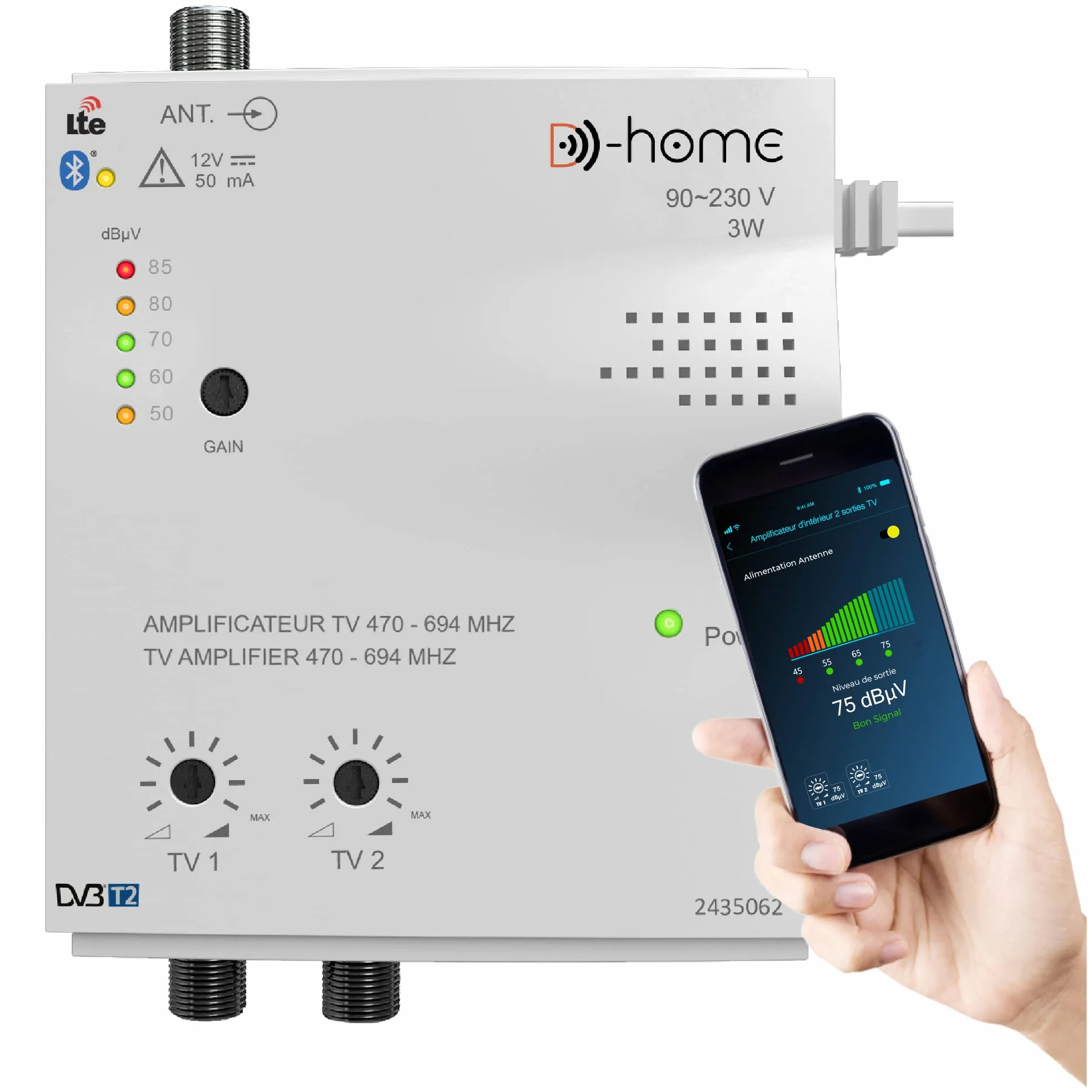 Amplificateur TV TNT Intérieur 32dB 2 Sorties Connecté Filtré 4G-5G avec App Mobile TV Finder