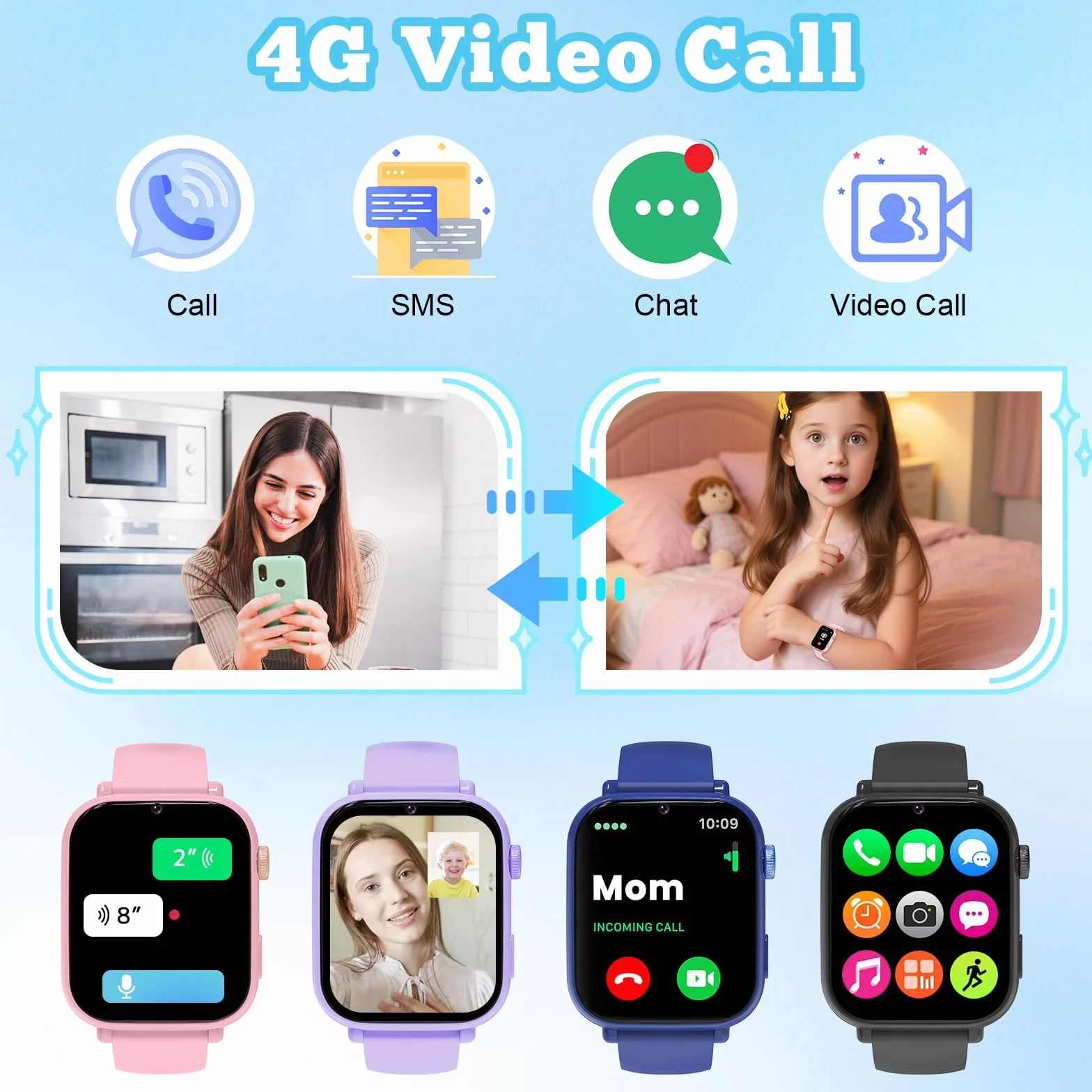 Montre Connectée Enfant 4G GPS - Smartwatch Téléphone Pour Fille Garçon avec SOS, Chat, Appel Vidéo, WiFi, Mode Classe, Réveil, Caméra, Jeux, Montre Intelligente Pour Enfants Cadeau 4 à 12 Ans, Noir