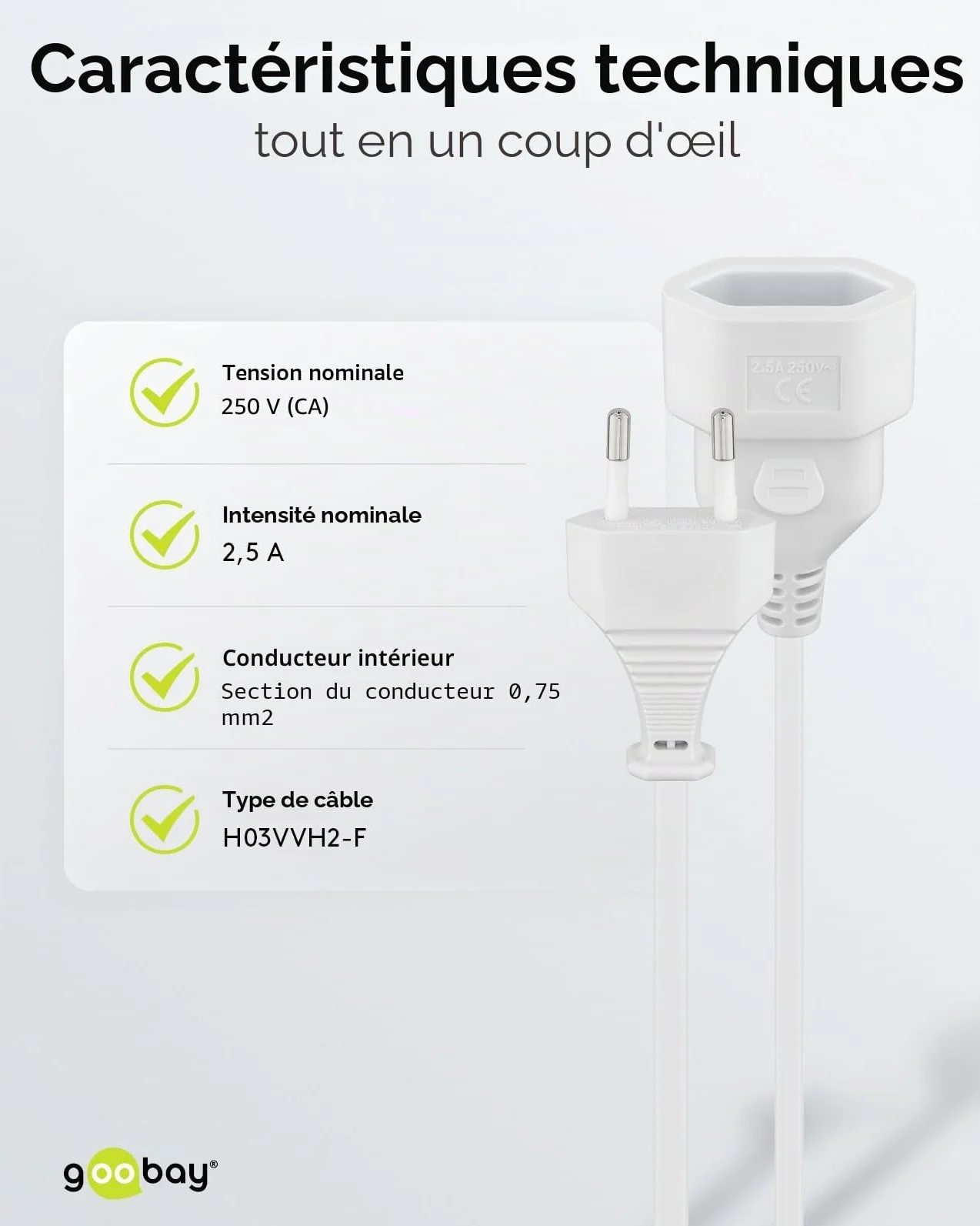 Goobay Câble d'alimentation Rallonge 2m 250V 0.75 mm² Blanc