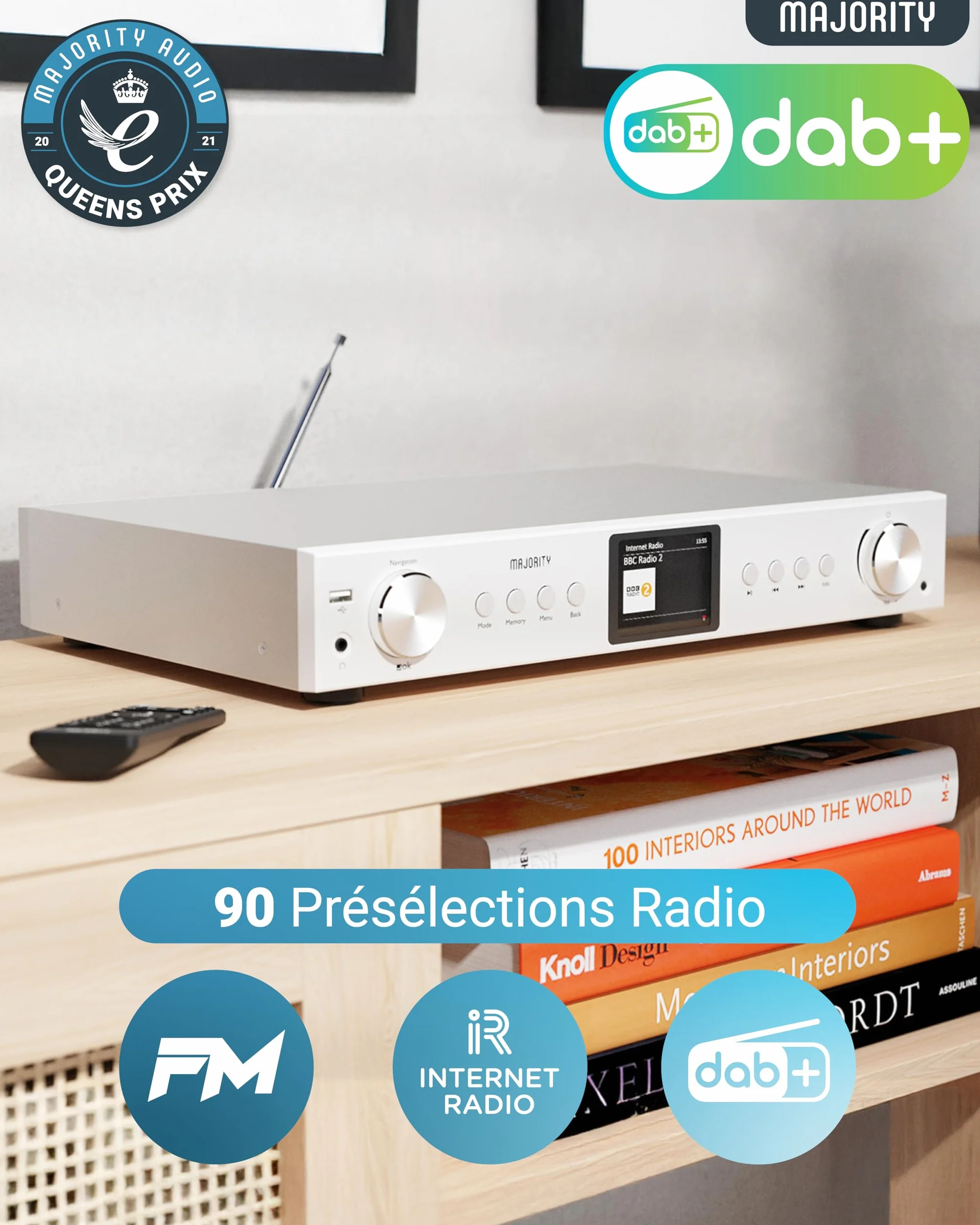 Radio Internet Dab FM WiFi Bluetooth |Tuner Dab pour Chaine HiFi avec Spotify Connect | Tuner HiFi avec Plus de 90 présélections, écran LED Couleur | USB, AUX, RCA | Majority Fitzwilliam 2024 (Argent)