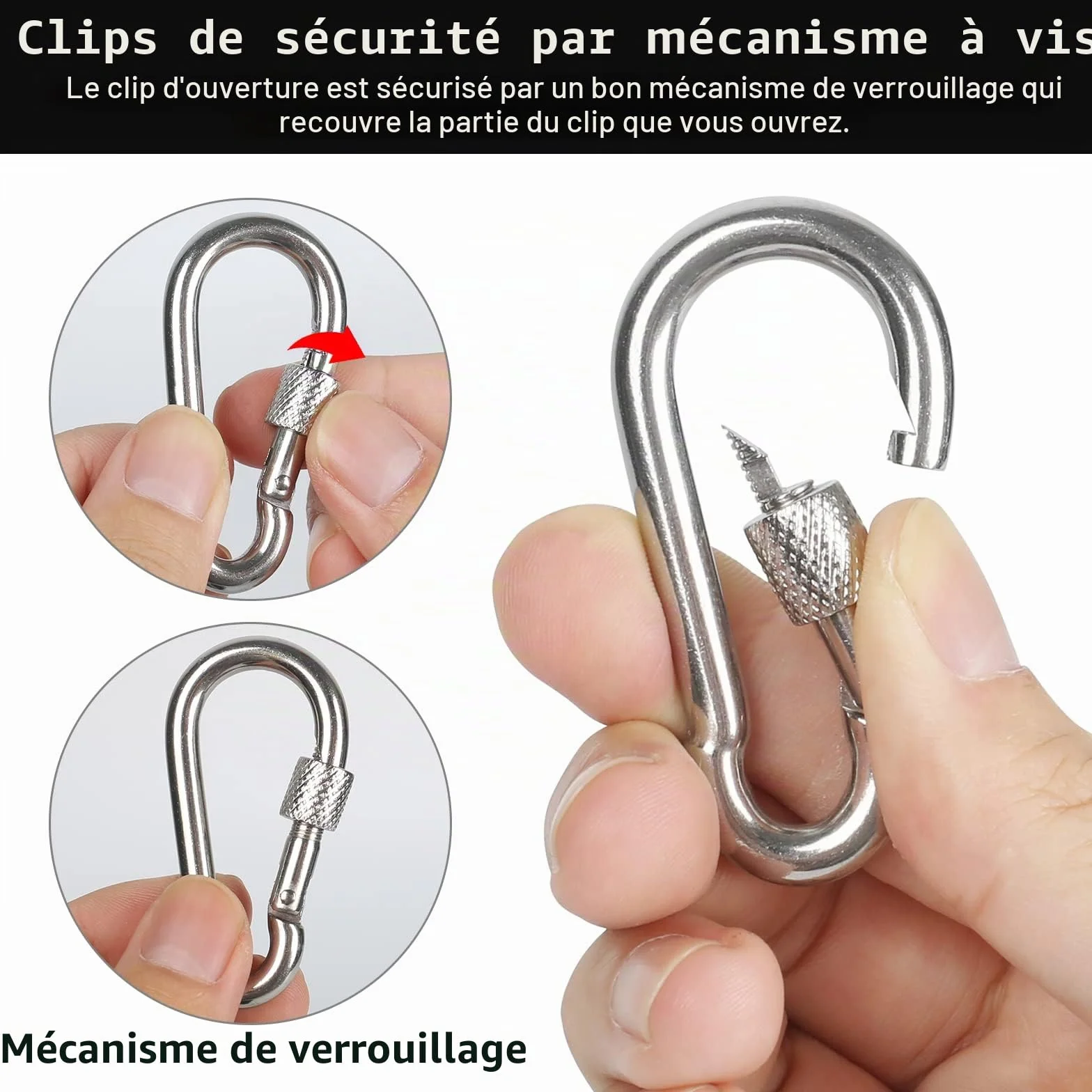 Lot de 4 Mousquetons M6 Acier Inoxydable 135 kg, Mousqueton à Vis pour Camping Clés Extérieur