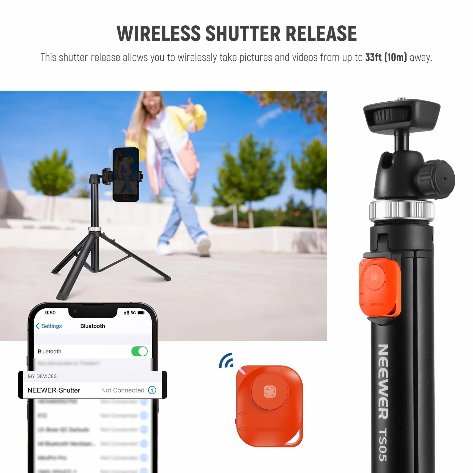 NEEWER Trépied Téléphone Portable & Appareil Photo avec Télécommande, 165,5cm Perche Selfie Métal Trépied Voyage Vlog pour iPhone avec Support Téléphone, pour Canon Sony GoPro, TS05