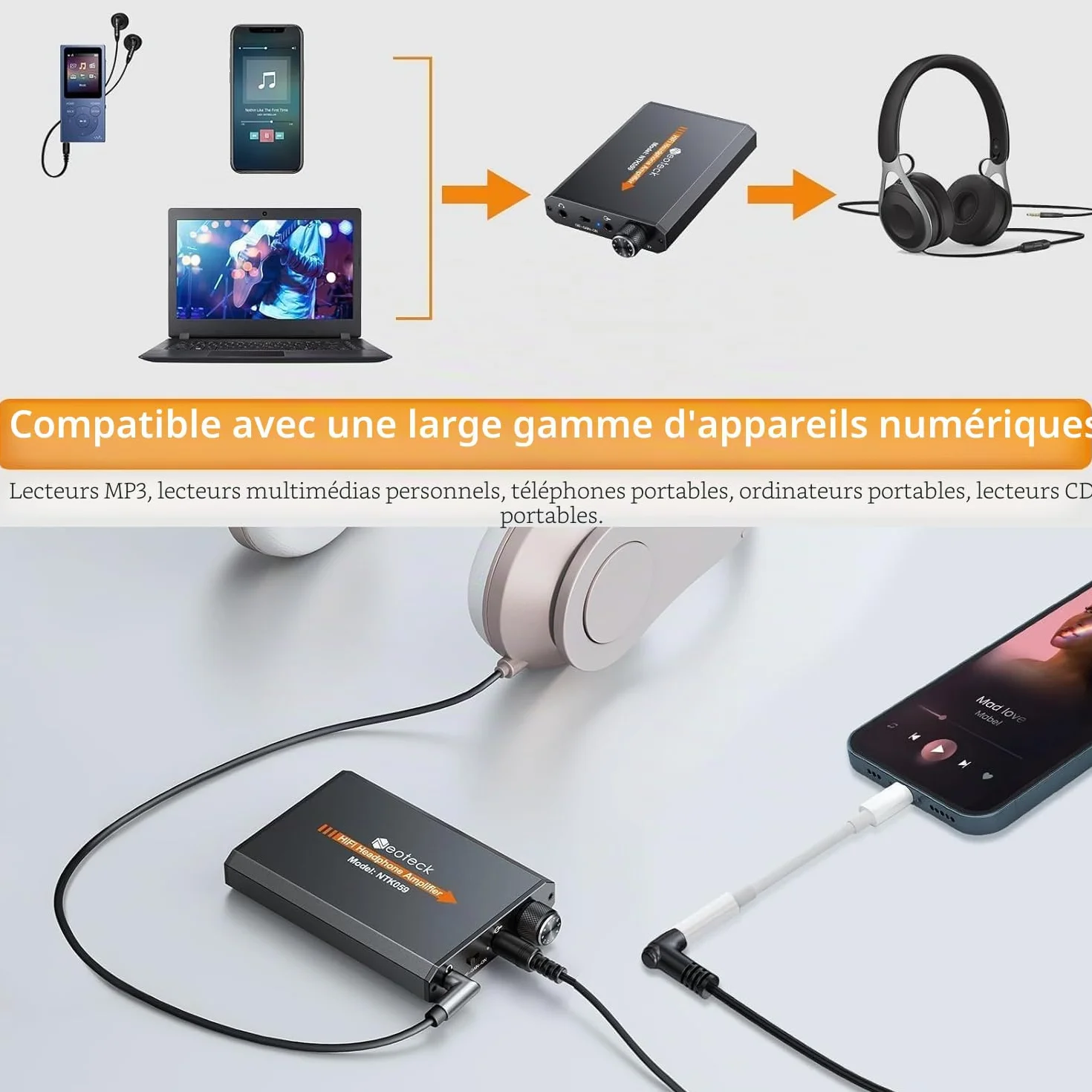 Neoteck Amplificateur de Casque Portable Audio 3.5 mm Casque HiFi Écouteurs avec Batterie au nLithium Mat Surface en Aluminium pour MP3 MP4 Téléphones Ordinateur