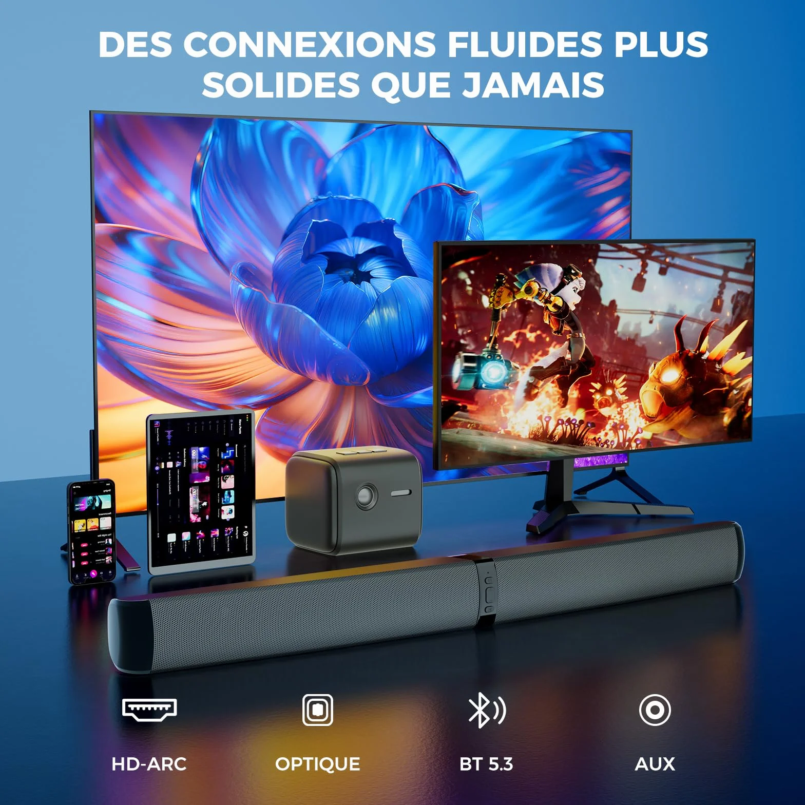 GarageRock Barre de Son TV 90W 2-en-1 Amovible Bluetooth 5.3 Arc Optique AUX Home Cinéma