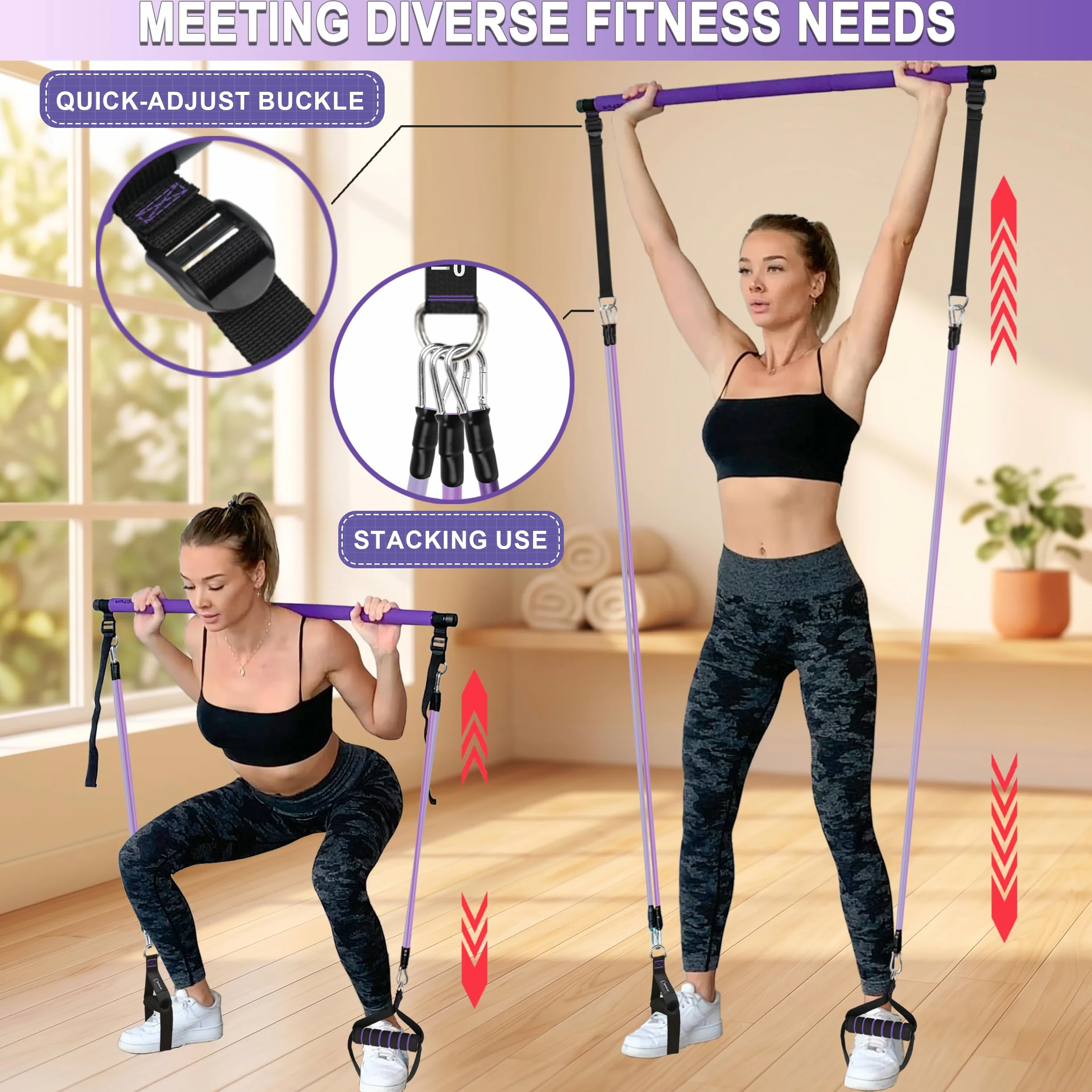 Ensemble de Barres de Pilates et Bandes de Résistance avec Poignées, Salle de Sport Portable à Domicile