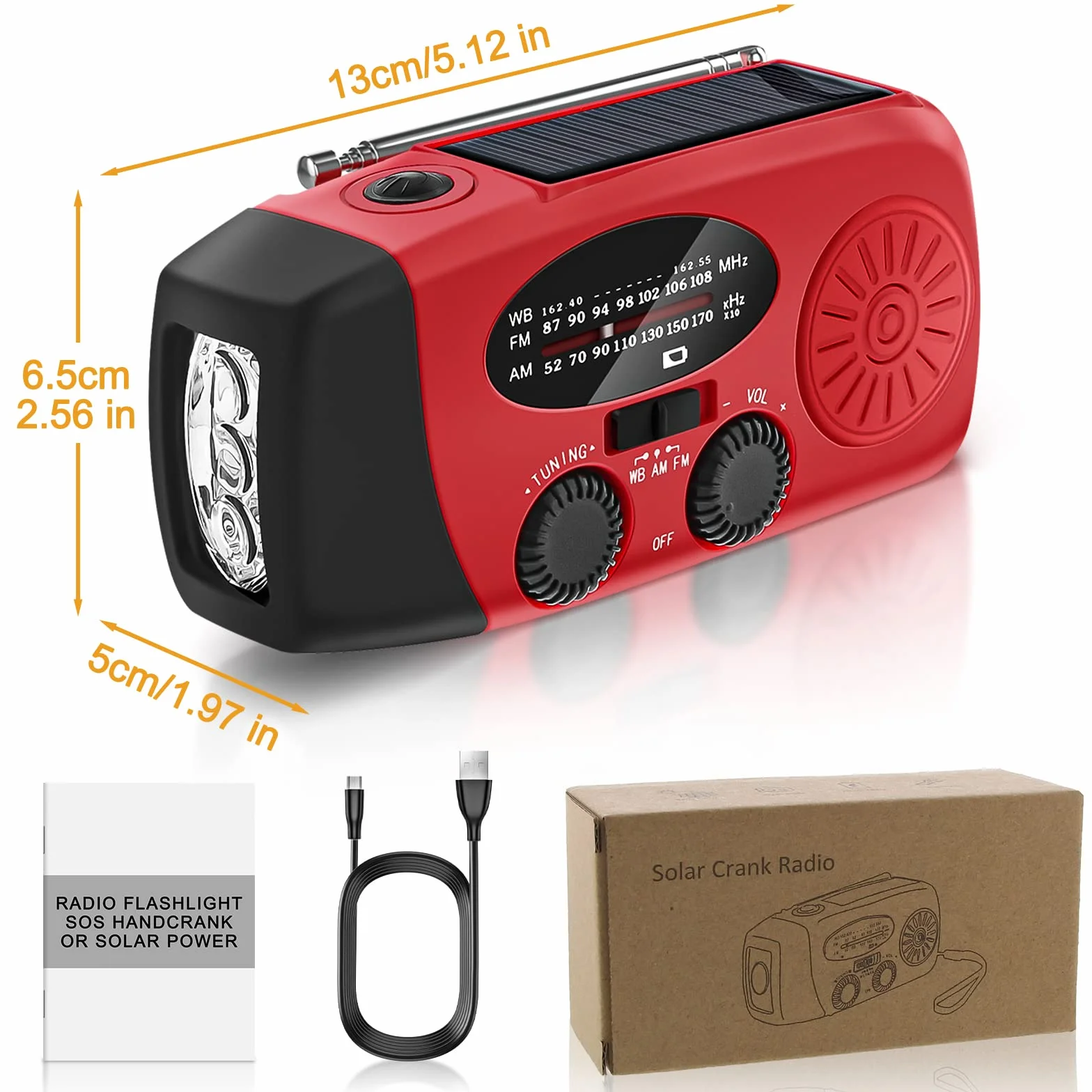 Radio Solaire Portable d'Urgence Météo 2000mAh Manivelle AM/FM/NOAA Dynamo IPX3 Charge Téléphone Lampe LED Alarme SOS Câble USB Randonnée Camping Rouge