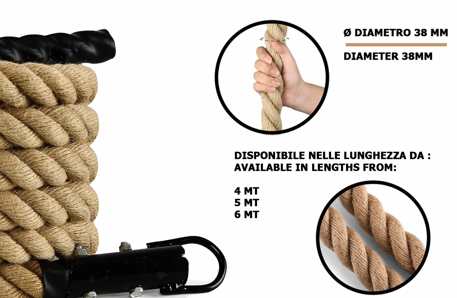 Corde d'escalade HT SPORT 38 mm 4/5/6 m Chanvre tressé Remise en Forme Musculaire