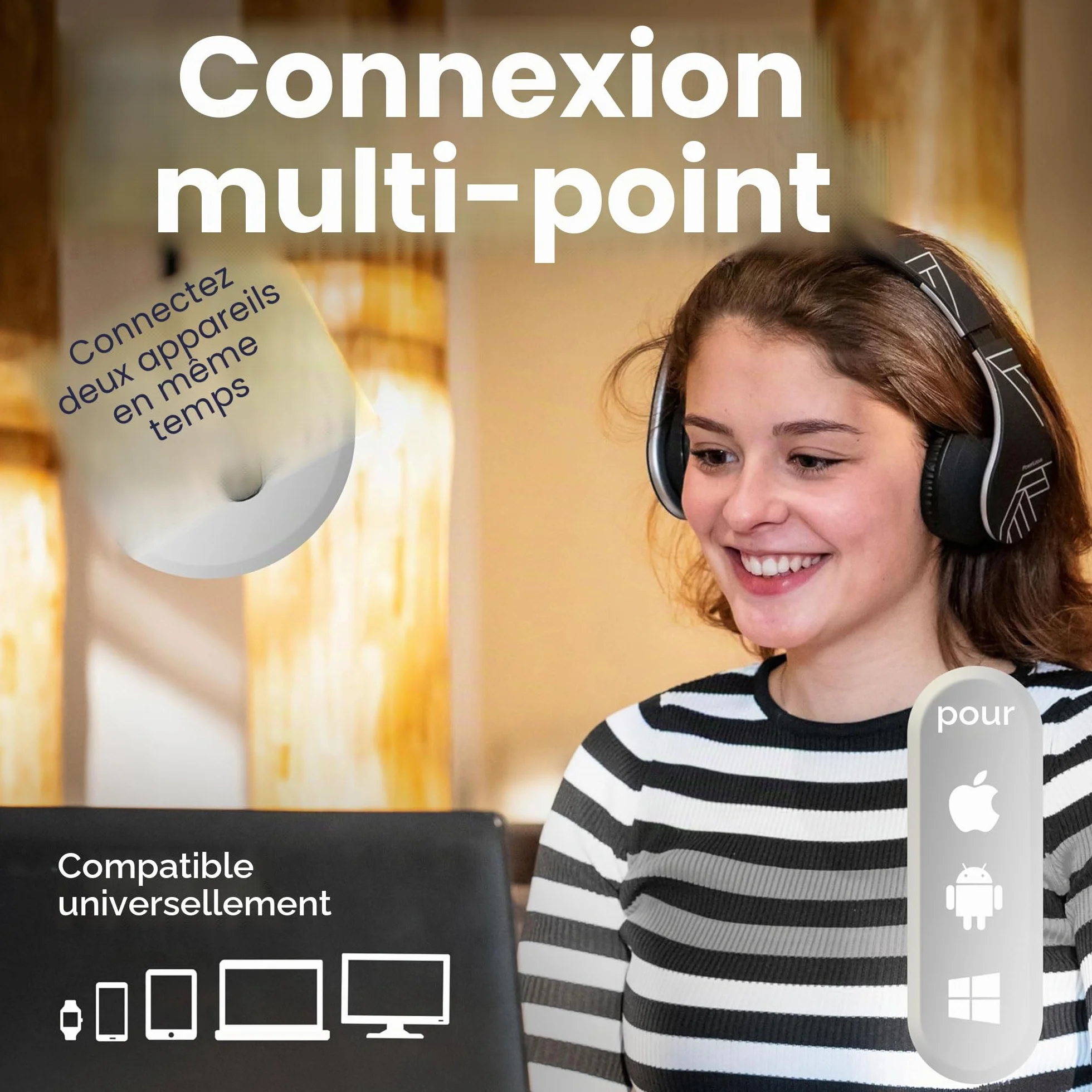 PowerLocus Casque Bluetooth sans Fil, Pliable Casque Audio Stéréo, Oreillette Bluetooth avec Micro Intégré/Micro SD/FM Radio pour Téléphones/PC/Tablettes/TV (Noir/Argent)