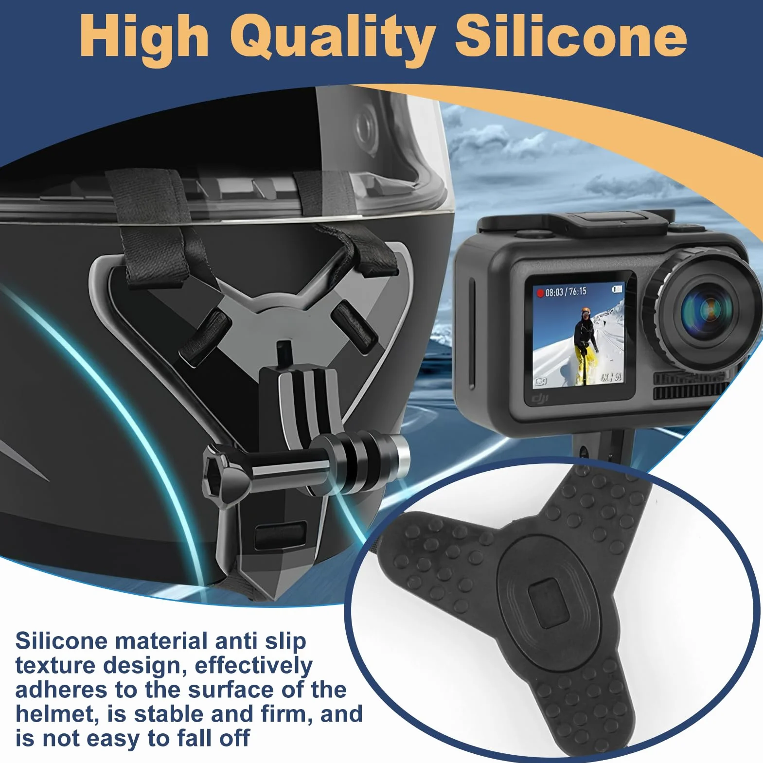 Support de Casque Moto Menton pour GoPro Hero 13 12 11 10 9 8 7 6 5 pour DJI OSMO Action 5 Pro 4/3 Fixation de Menton pour Session avec Crochet en J Sangle Silicone Antidérapant Facile à Installer