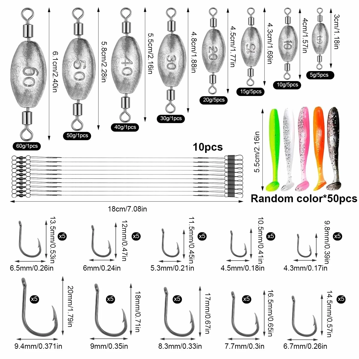 134 Pièces Plomb Pêche Mer Carpe en Forme d'Olive avec Émerillon Set Poids 5-60g