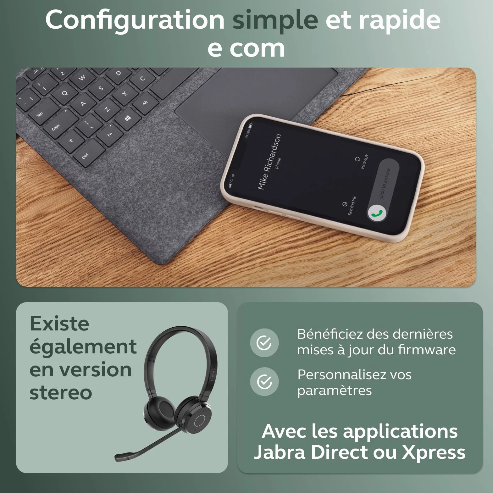 Jabra Evolve 65 Te (3e édition 2025) Micro-Casque Mono Bluetooth sans Fil, se connecte à 2 appareils, 16 h d’autonomie, Micro antibruit, Adaptateur USB-A, Fonctionne avec Les applis de réunion, Noir