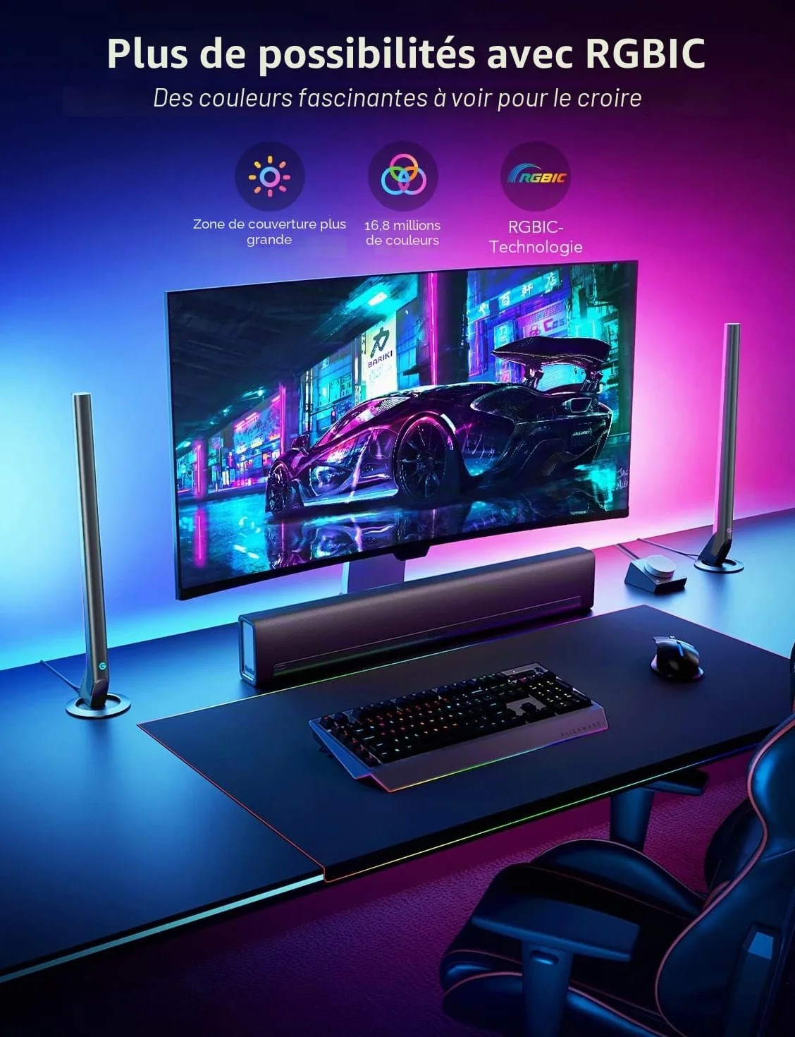 Govee RGBIC 42cm Gaming Lightbar pour PC avec synchronisation musique et contrôle APP, compatible Alexa Google Assistant