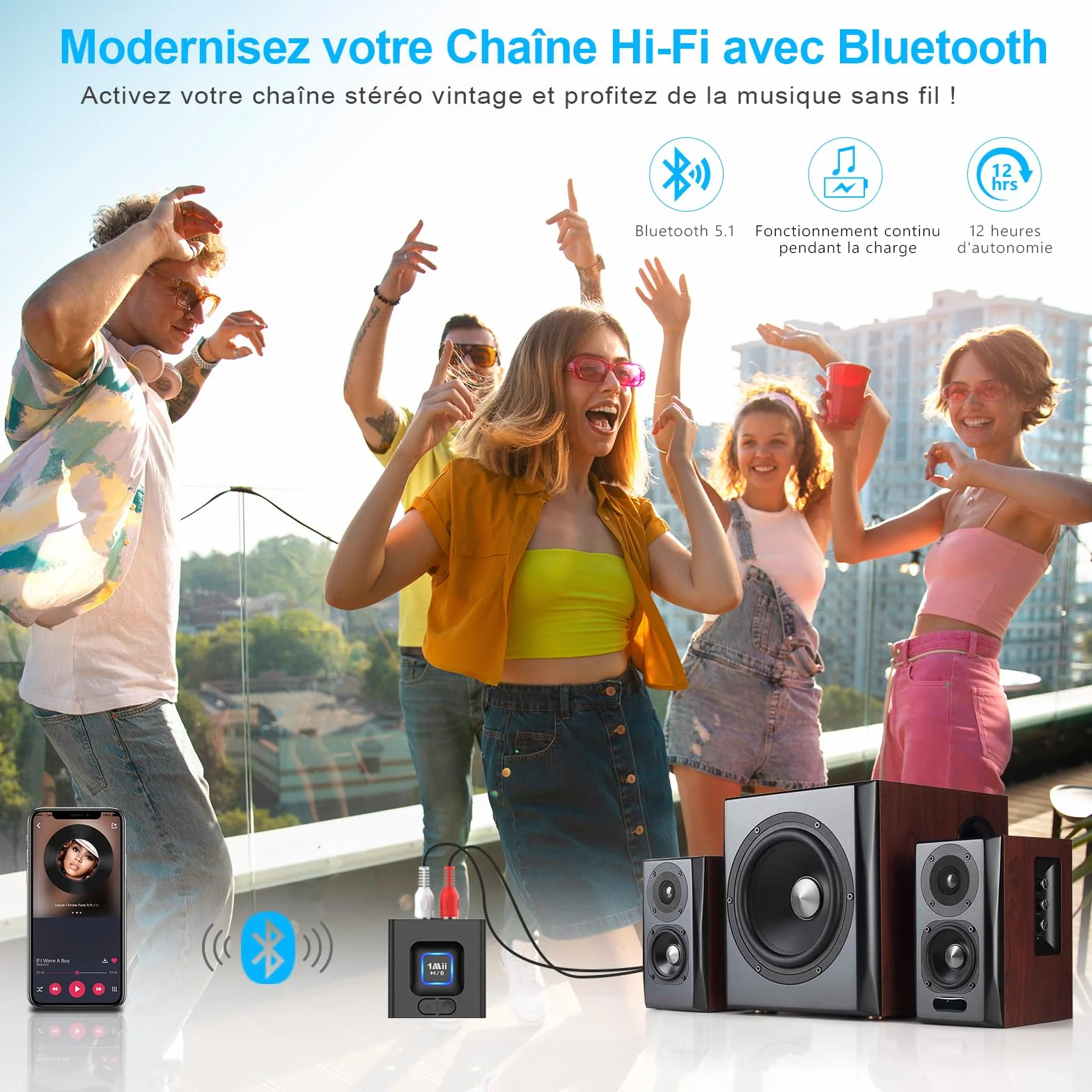 1Mii ML201 Récepteur Bluetooth 5.1, Modernisez Votre Ancien Système Audio | Adaptateur Bluetooth 3,5mm/RCA, Streaming Hi-Fi sans Fil depuis Mobile/Tablette vers Enceinte Filaire, 12H Lecture, Mode Bass
