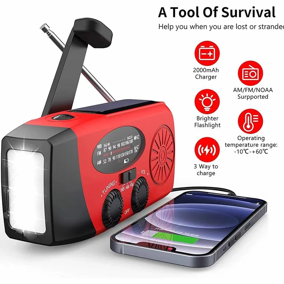 Radio d'urgence portable AM/FM avec manivelle solaire, chargeur USB, alarme SOS et lampe LED rouge