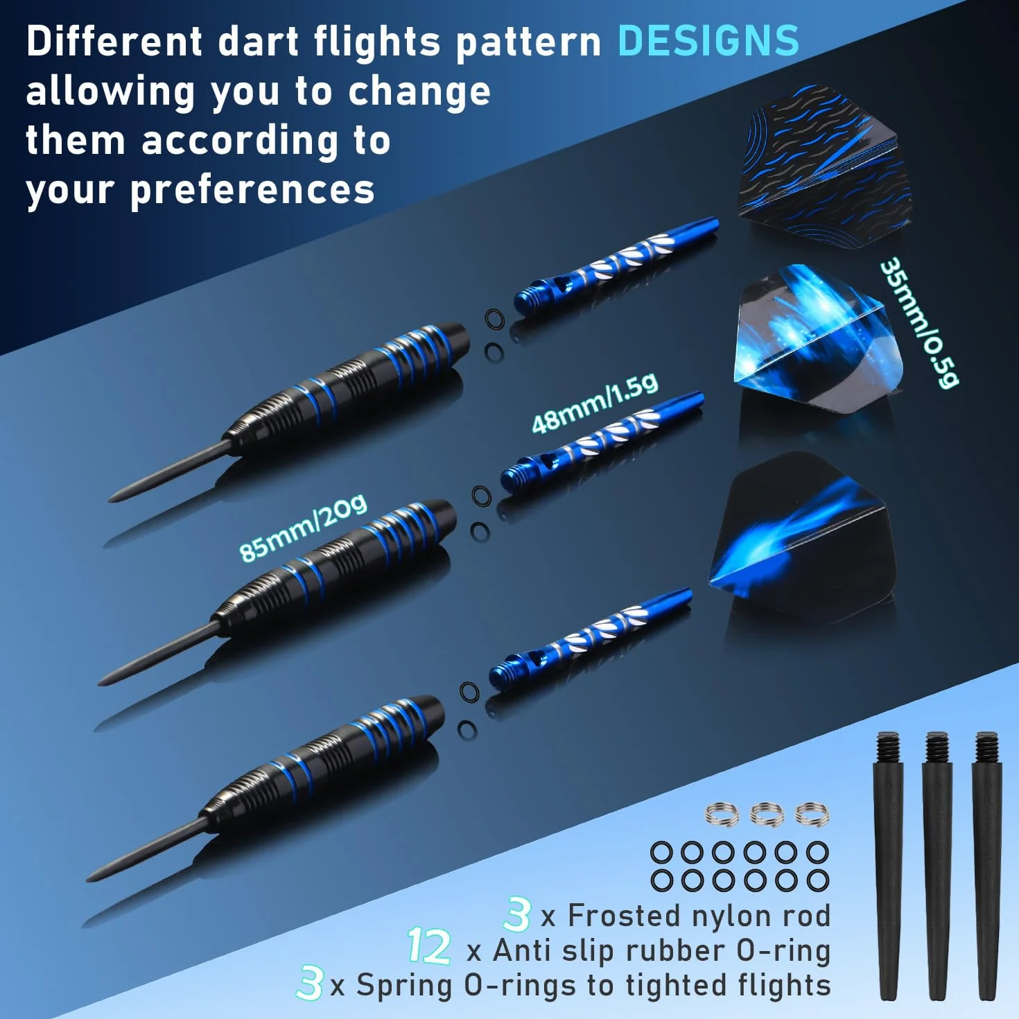 Lot de 3 fléchettes professionnelles à pointe en acier 22 g avec ailettes, tiges aluminium, étui