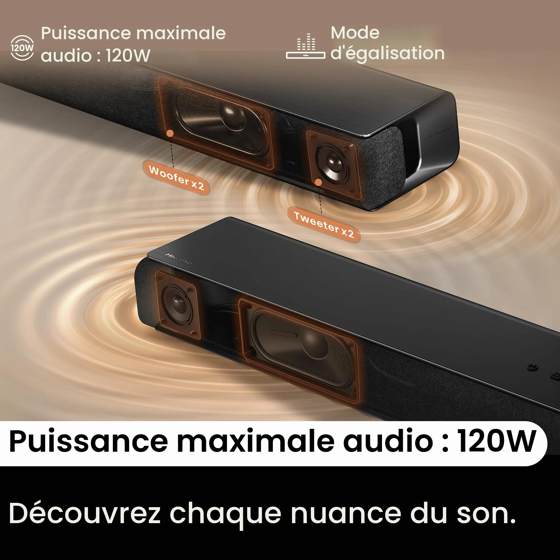 Hisense HS1000 Barre de Son 2.0 CH 120W Dolby Audio DTS Virtual:X Bluetooth 5.3 HDMI Arc Noir