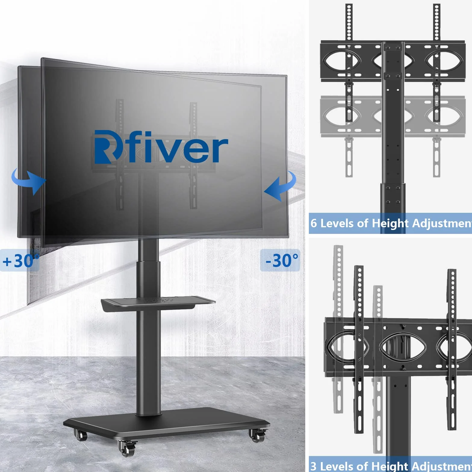 RFIVER Support TV Roulette avec Support Cantilever pour Ecran de Télé de 26 à 70 Pouces LED LCD Plasma Chariot Meuble TV Pied Universel Pivotant Réglable en Hauteur avec 2 Étagères