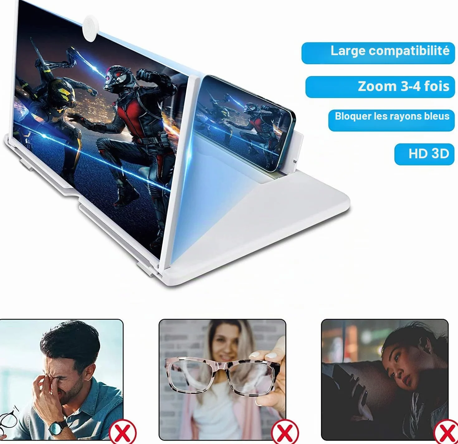 Amplificateur d'écran Lumineux de 14 Pouces, loupe d'écran Anti-Bleu 3D HD pour téléphone Portable, Support Pliable Portable pour Films, vidéos et Jeux, Compatible avec Tous Les Smartphones (Blanc)