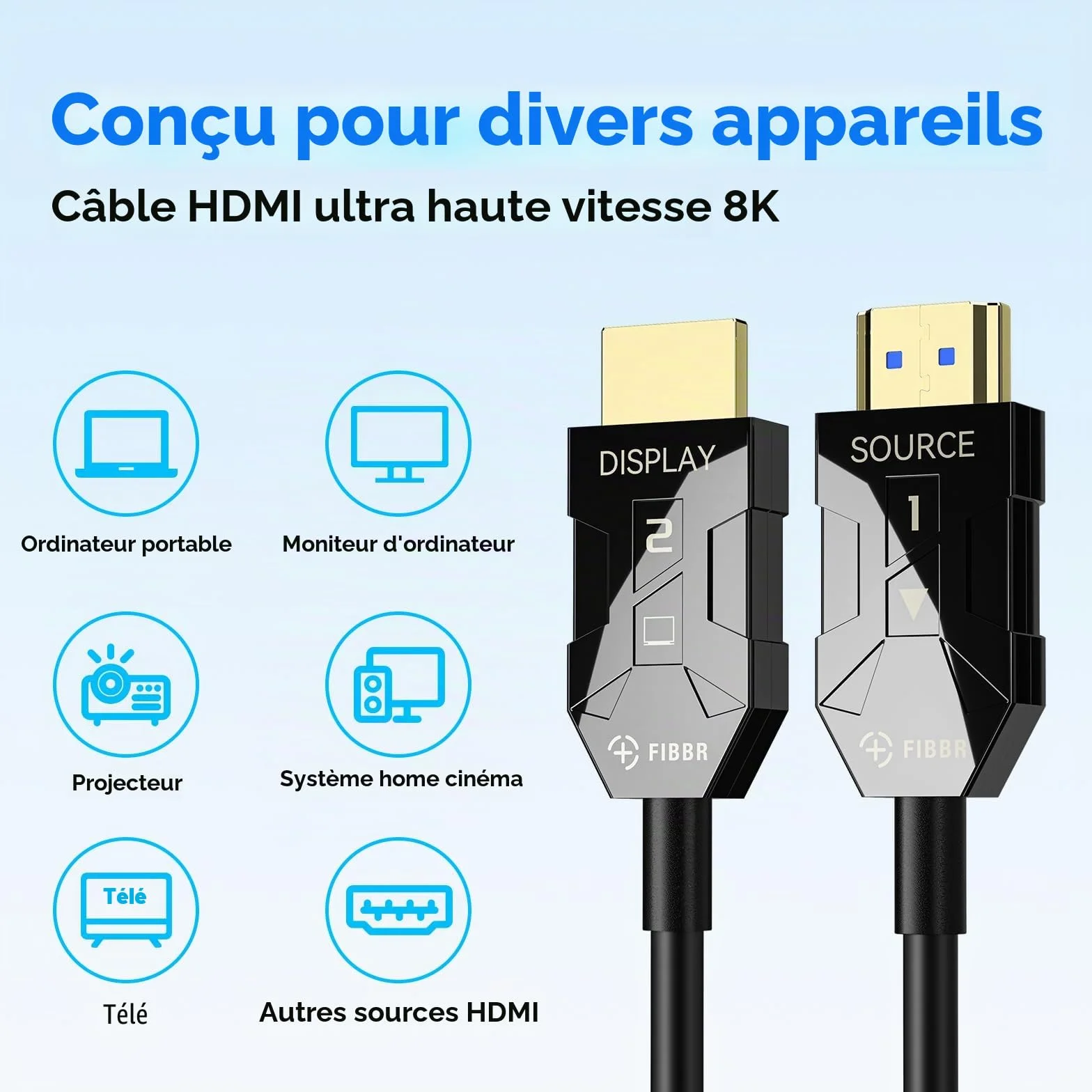 FIBBR 8K HDMI 2.1 Câble Optique 10M, 48Gbps Ultra Rapide HDMI Câble Actif AOC, 8K@60Hz 4K@120Hz/144hz eARC HDCP 2.2 et 2.3 Dynamic HDR Dolby Sound pour Home Cinéma, Amateurs de Jeux, Vidéo HD