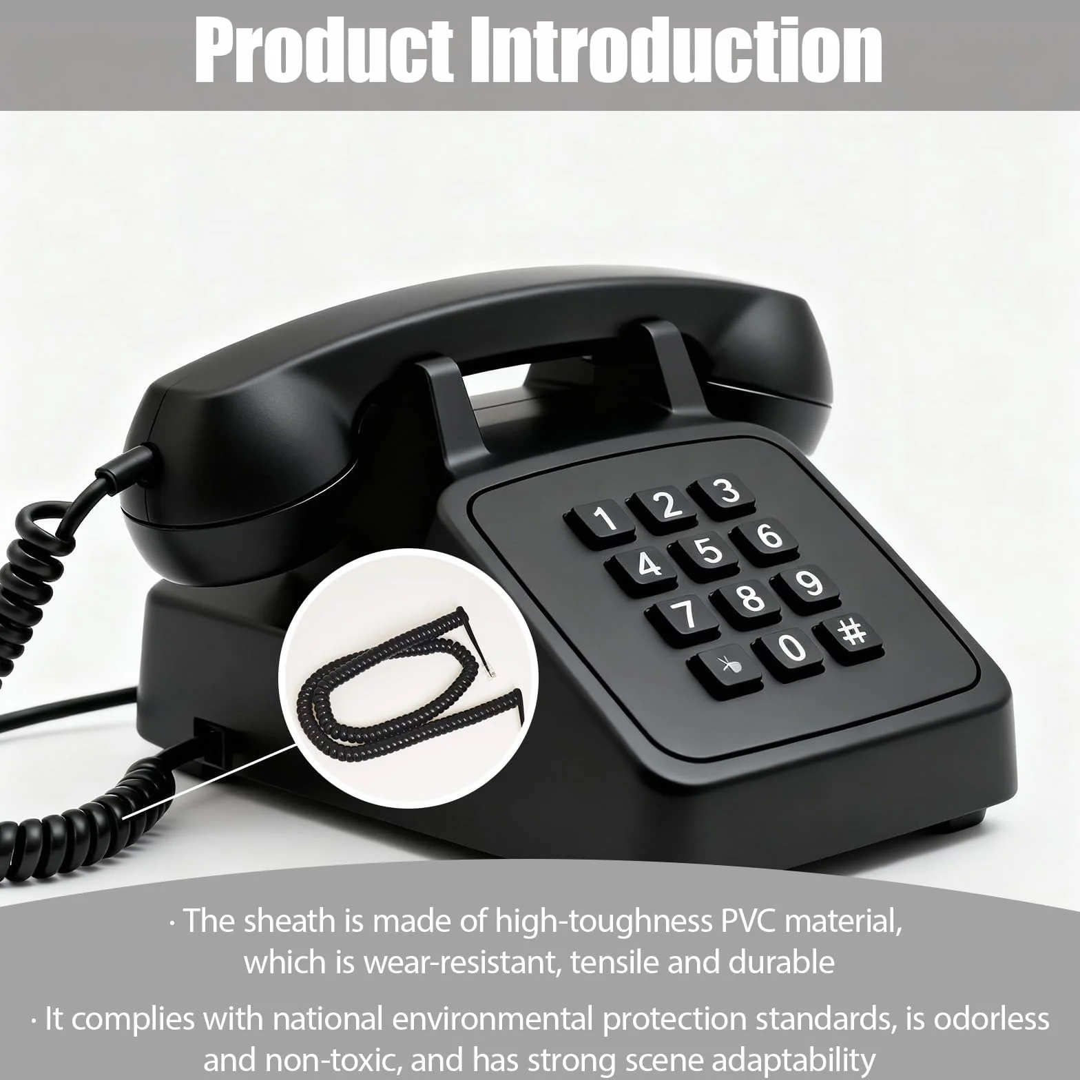 5m RJ9 Câble Téléphonique Incurvé à Ressort en Spirale, 4P4C Câble pour Combiné de Téléphone Fixe, pour Combiné Téléphonique Bureau et Maison, Cable Telephone Fixe Noir, Cordon Telephone Fixe