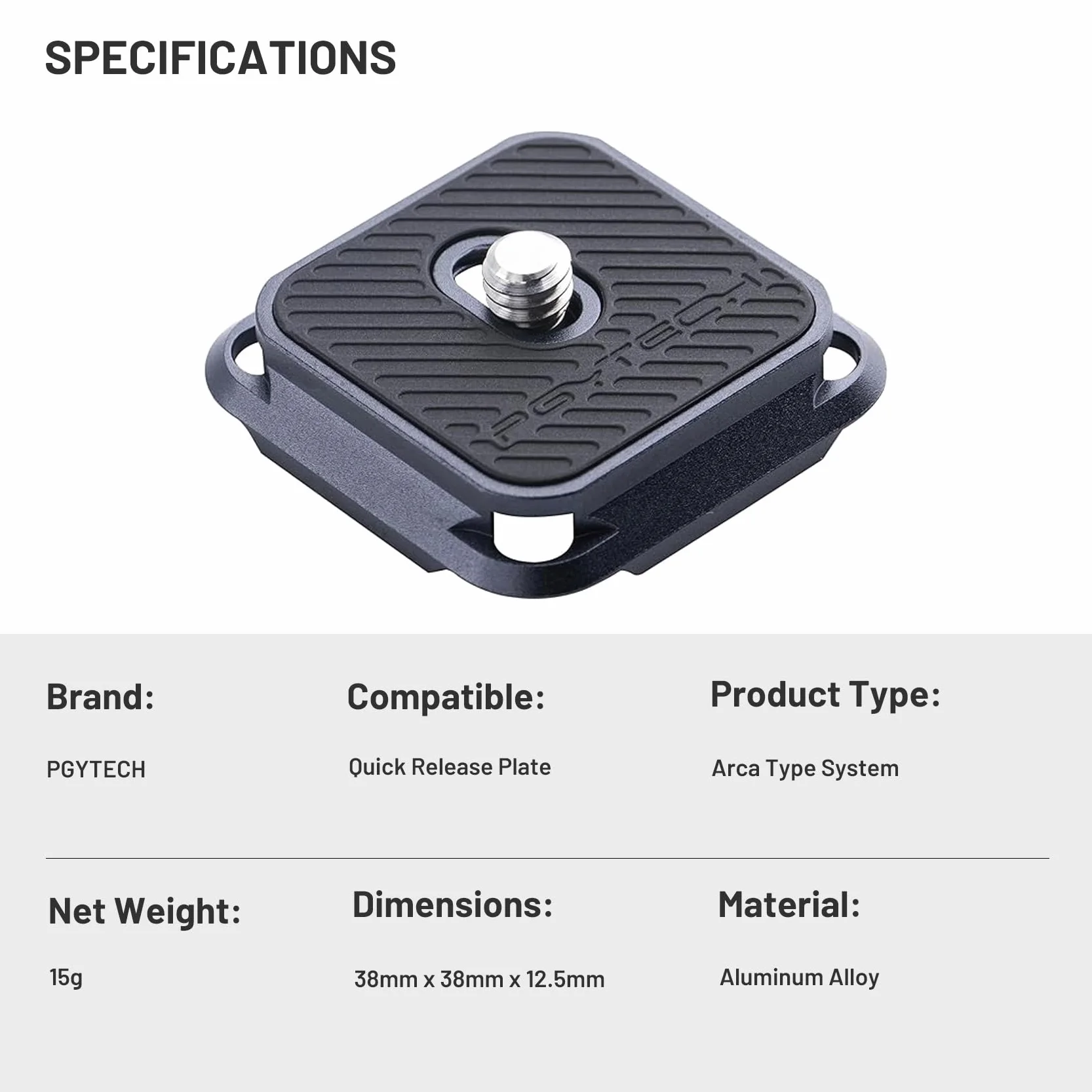PGYTECH Plateau de Fixation Rapide Arca-Swiss, Montage Multi-Directionnel, Compatible avec Sony, Canon, Nikon et la Plupart des systèmes Photo (Plaque Seule)