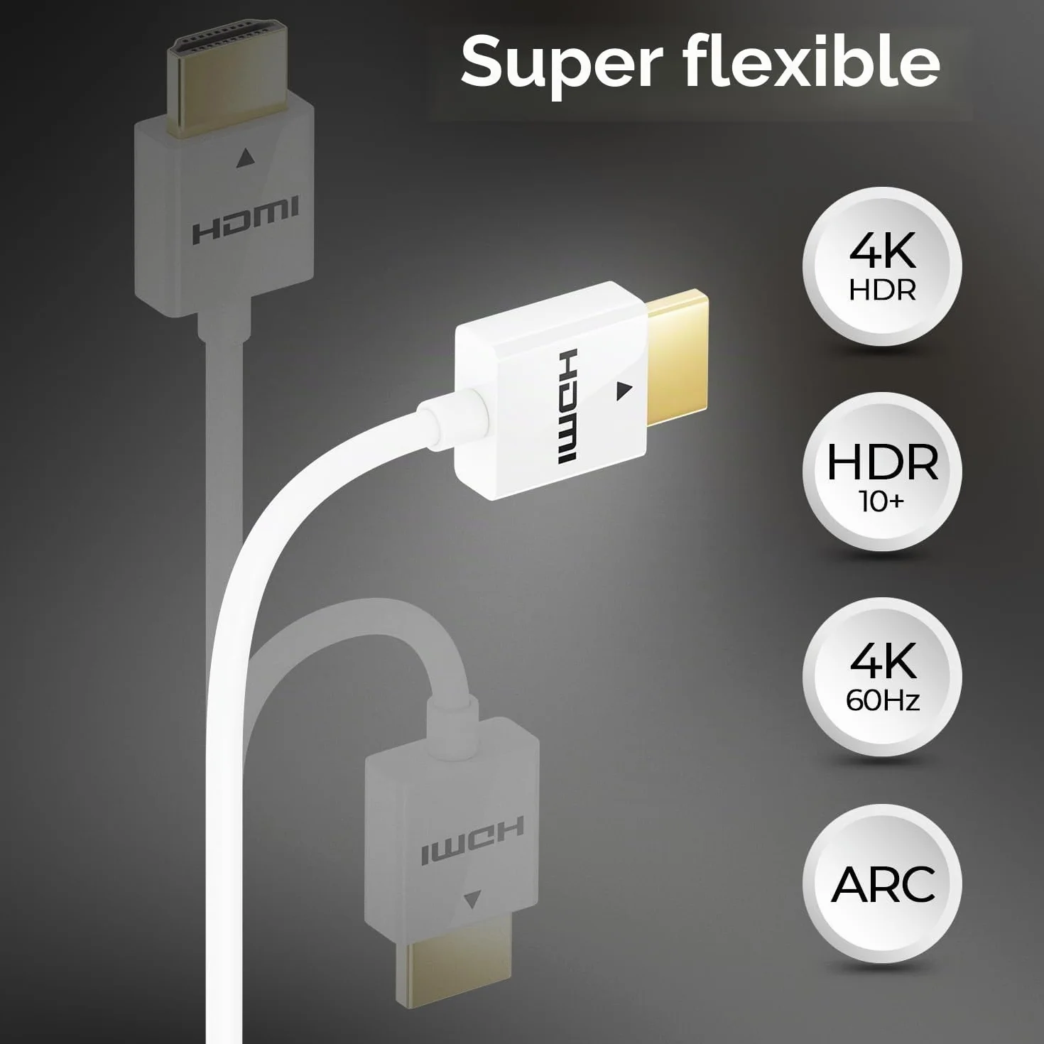 deleyCON 2m 4K HDMI 2.0 Câble Slim (Petit et Flexible Câble HDMI) - 1080P 2160P UHD ARC HDR 3D pour TV, Moniteur, Projecteur, Laptop, Notebook, PC, Ordinateur, PS4, PS5, XBOX - Blanc