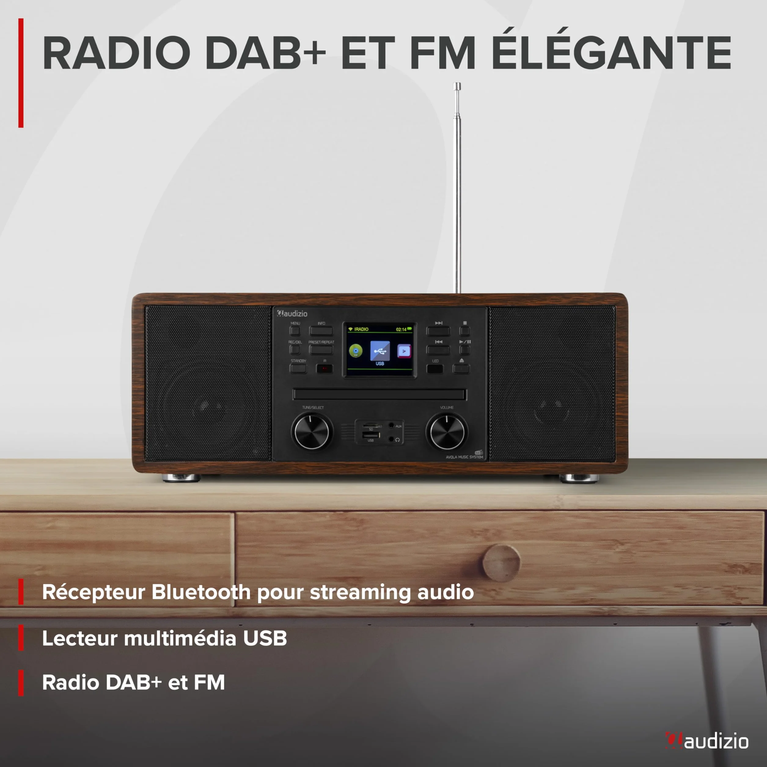 Audizio Avola Radio Internet WiFi avec Lecteur CD et Bluetooth - Couleur Noyer, Radio Dab+, FM, Haut-Parleurs Stéréo, Télécommande, Idéale pour Diffuser Vos Radios Préférées du Monde Entier