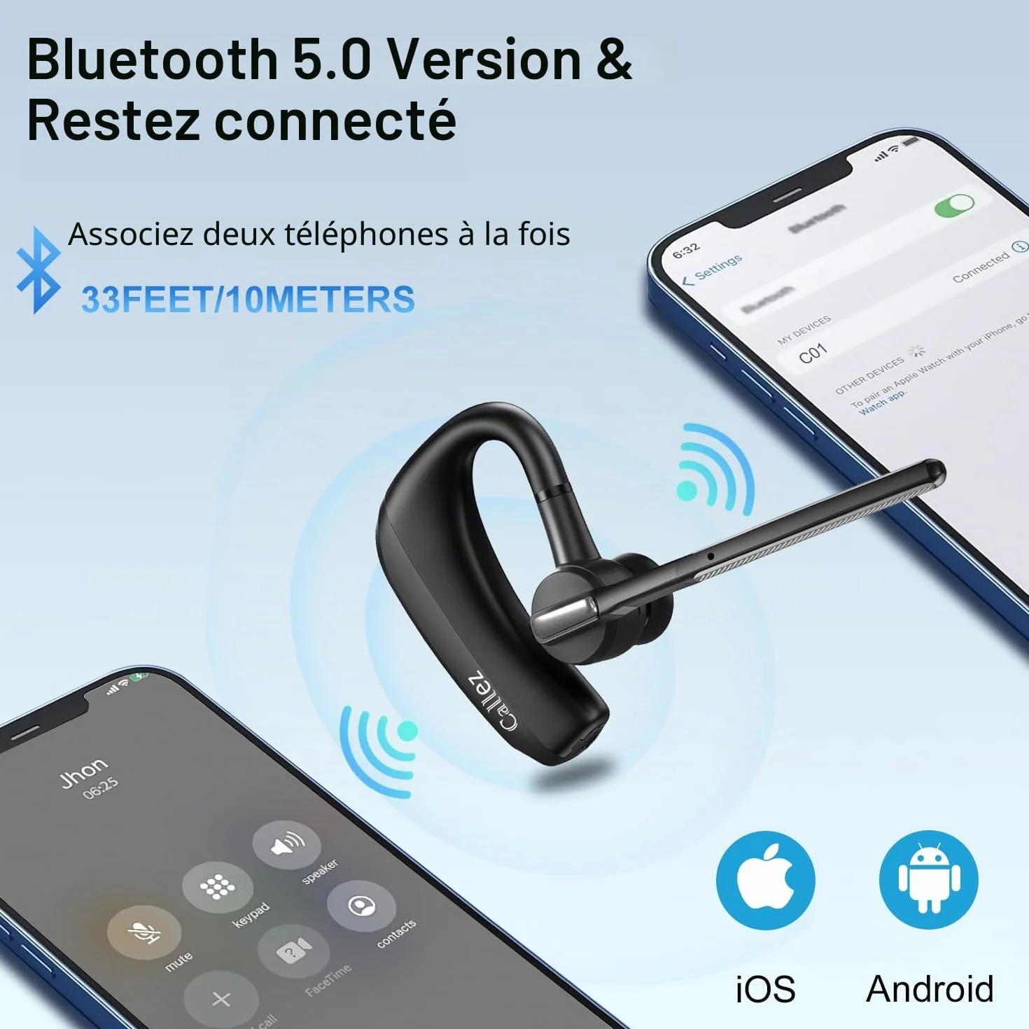 Callez Oreillette Bluetooth sans Fil pour iPhone Samsung Téléphone Portable, Casques Bluetooth Mono Écouteur V5.0 Main Libre avec Double Micro CVC8.0 ENC Antibruit pour Conduite Affaires Bureau